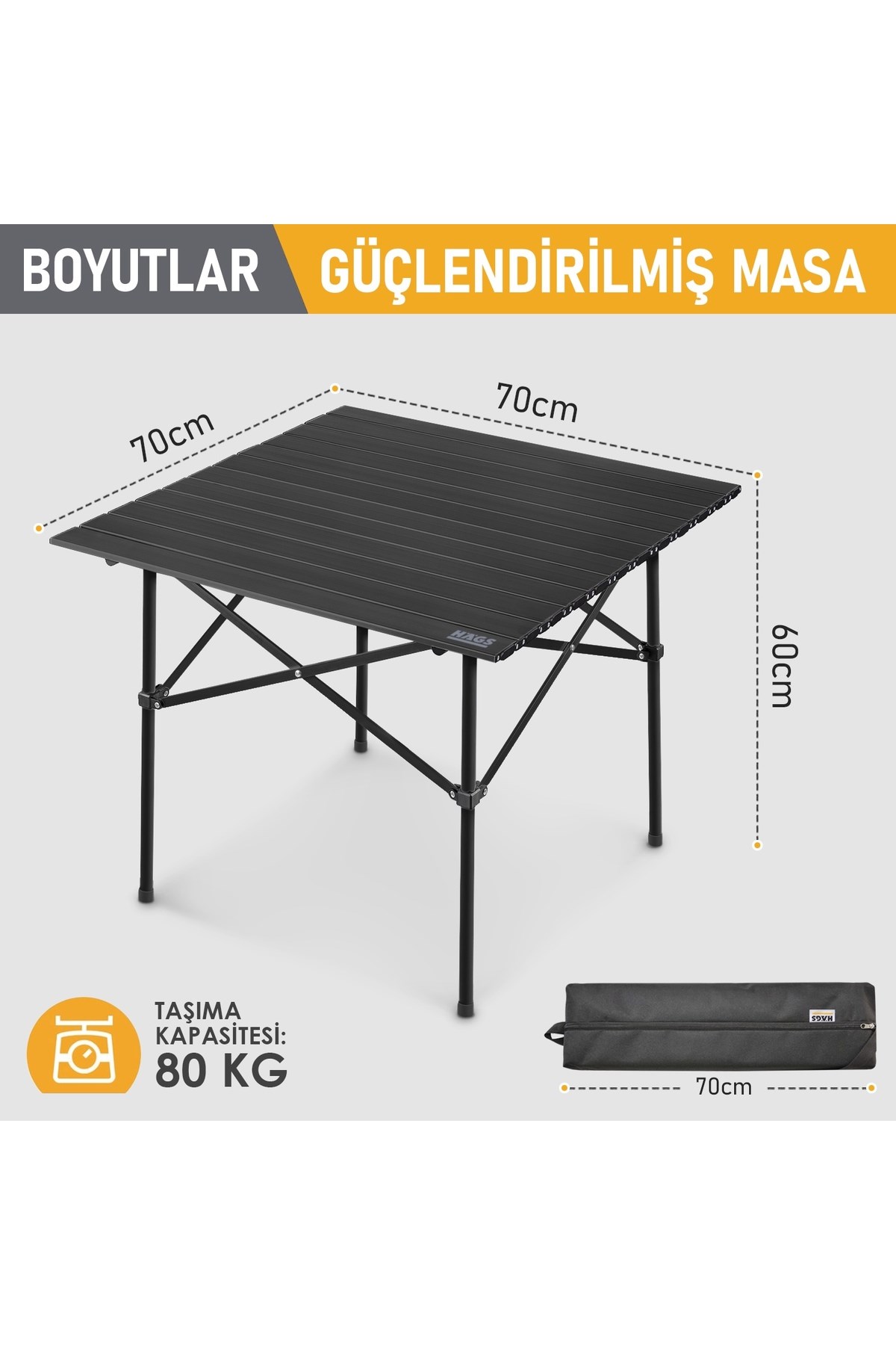 Haegs Güçlendirilmiş Alüminyum Katlanır Kamp Masası, Katlanabilir Outdoor Masa, Piknik Masası, Menteşeli Sistem, Dayanıklı Sağlam Gövdeli Kamp Masası, Taşınabilir Hafif, 3-4 Kişilik, 70x70x60cm Siyah