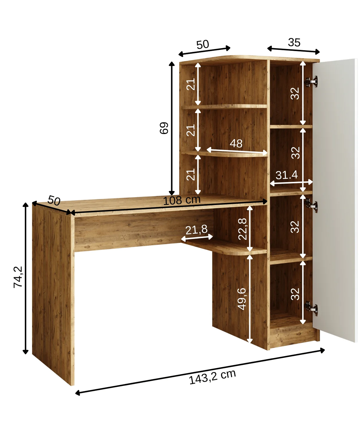Roomart Roma Raflı Çalışma Masası, Çalışma Ofis Masası Sağ Atlantik Çam