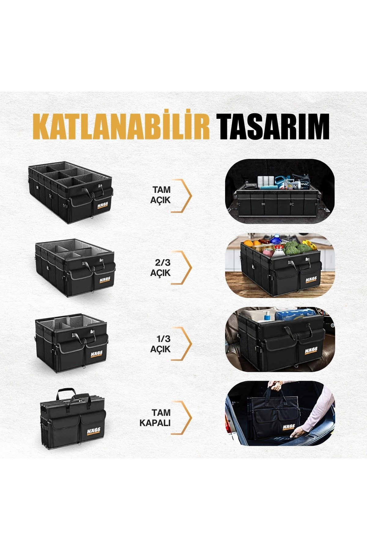Haegs Araç Bagaj Düzenleyici, Soğutucu Çantalı Bagaj Organizer Sağlam Katlanabilir, Otomobil ve SUV`lar için, Cepli, 3 Ana Bölmeli, 100L /  90x40x28 cm - Siyah