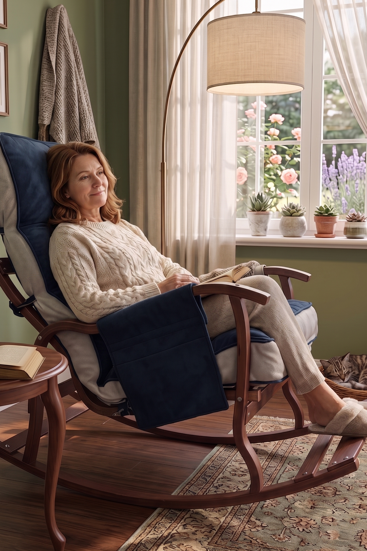 Reyo Venedik Sallanan Sandalye, Tv Koltuğu, Baba Koltuğu, Kitap Okuma Koltuğu Ceviz Ahşap, Petrol Mavisi Krem