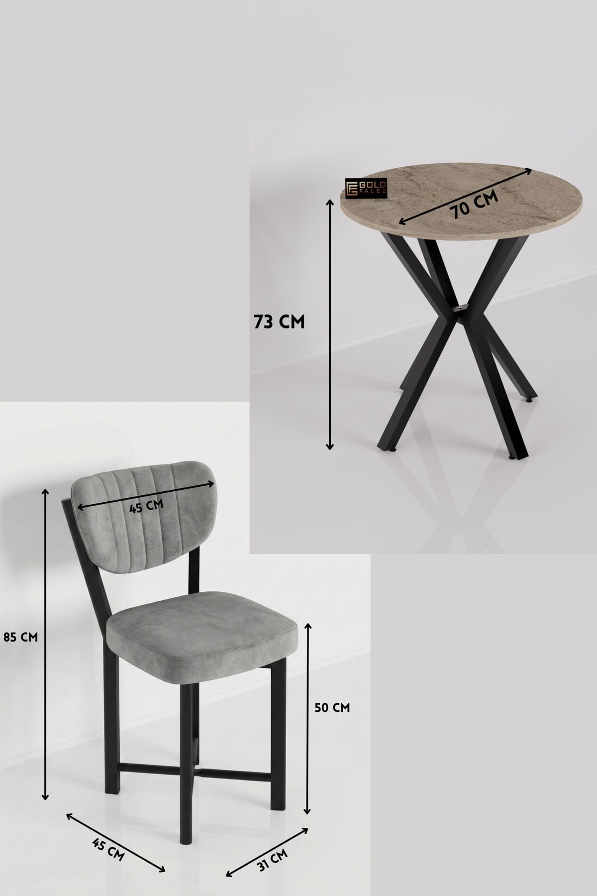 Reyo Falez Elma 70 cm Yuvarlak Masa Takımı 2 Sandalyeli Modern Mutfak Balkon Yemek Masası Seti Traverten - Gri 9846