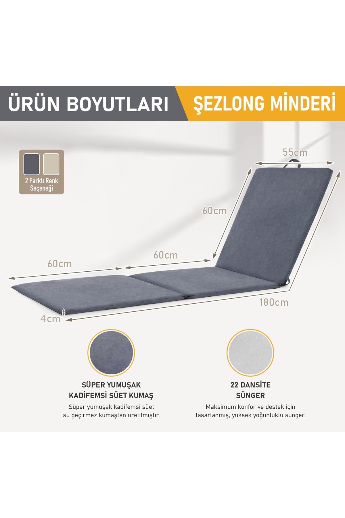 Haegs Şezlong Minderi, Havuz Plaj Outdoor Kamp için Katlanır Sünger Minder, Dış Mekan Süet Kumaş Kılıf, Dış Mekan Mobilyaları İçin Veranda Yedek Minderi 22 Dens / 180x55x4 cm - Gri