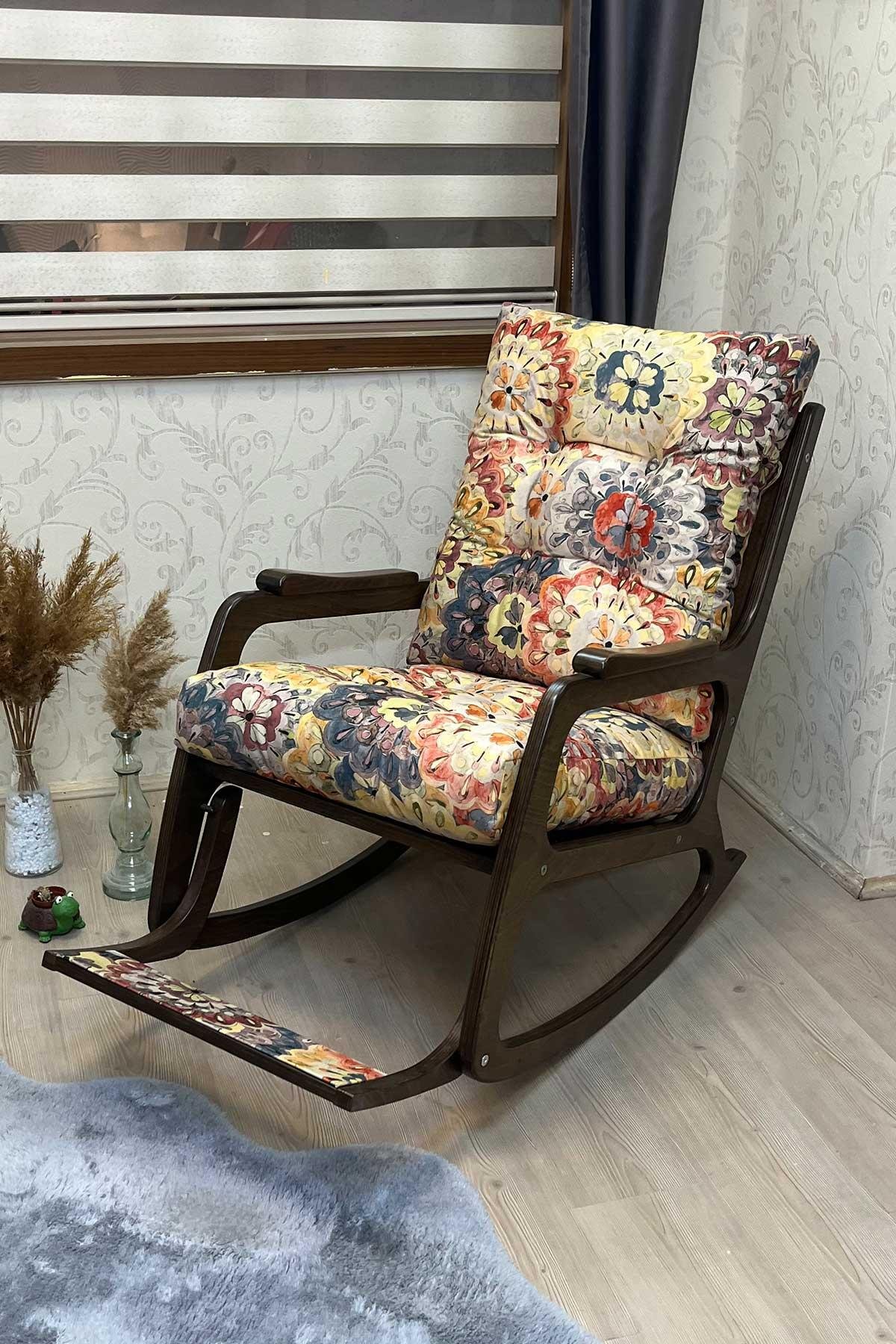 Asedia Kontes Ceviz Çiçek Desenli Dolgu Minderli Sallanan Sandalye Dinlenme Koltuğu Baba Koltuğu