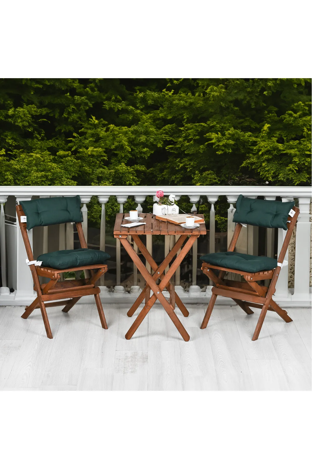 BySay Ahşap Katlanır Minderli 3'lü Bistro Set Mutfak Balkon Bahçe Masa Sandalye Seti Ceviz Yeşil