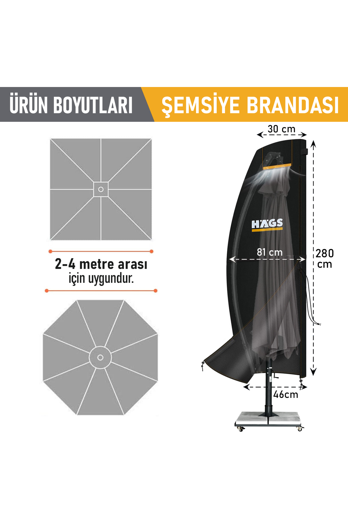 Haegs Bahçe Şemsiye Kılıfı, Veranda Parasol Konsol Şemsiyesi Brandası, Koruma Örtüsü, Su Geçirmez, Hava Koşullarına Dayanıklı Bahçe Gölgelik Güneşlik Örtüsü (280-30/81/46 cm) Siyah