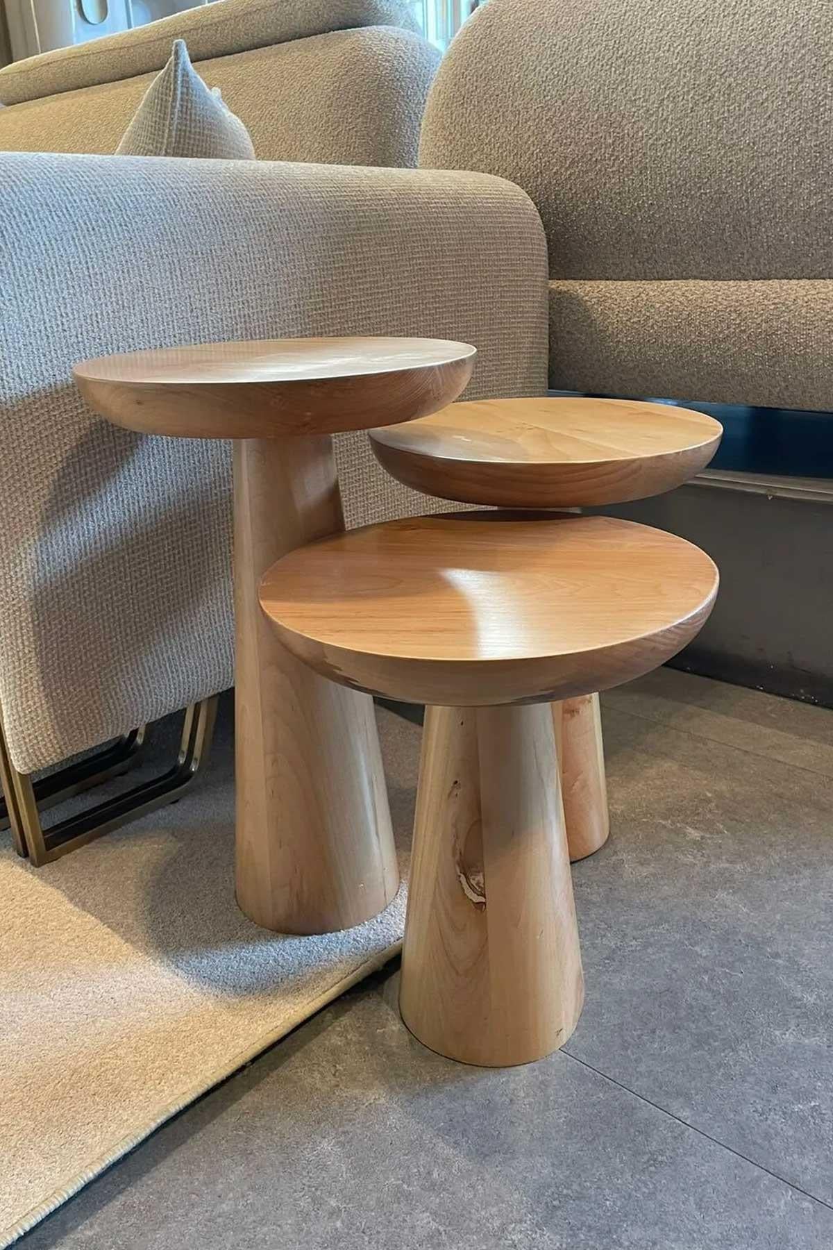 Reyo 3'lü Mushroom Zigon Sehpa Naturel Ahşap Ihlamur Ağacı Mantar Sehpa