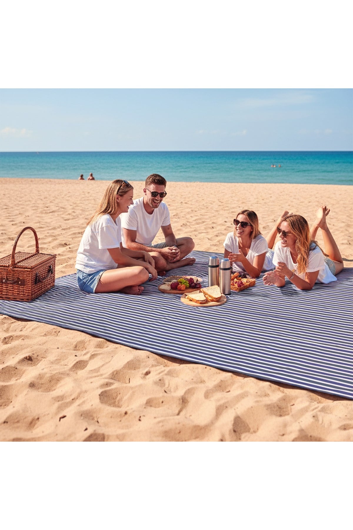 Haegs Piknik Örtüsü, Çanta Kamp Matı, Plaj Matı, Piknik Yer Örtüsü, Seyahat, Kamp, Outdoor, Kum Tutmaz, Su Geçirmez, Katlanabilir 200x150cm - Mavi Beyaz Çizgili