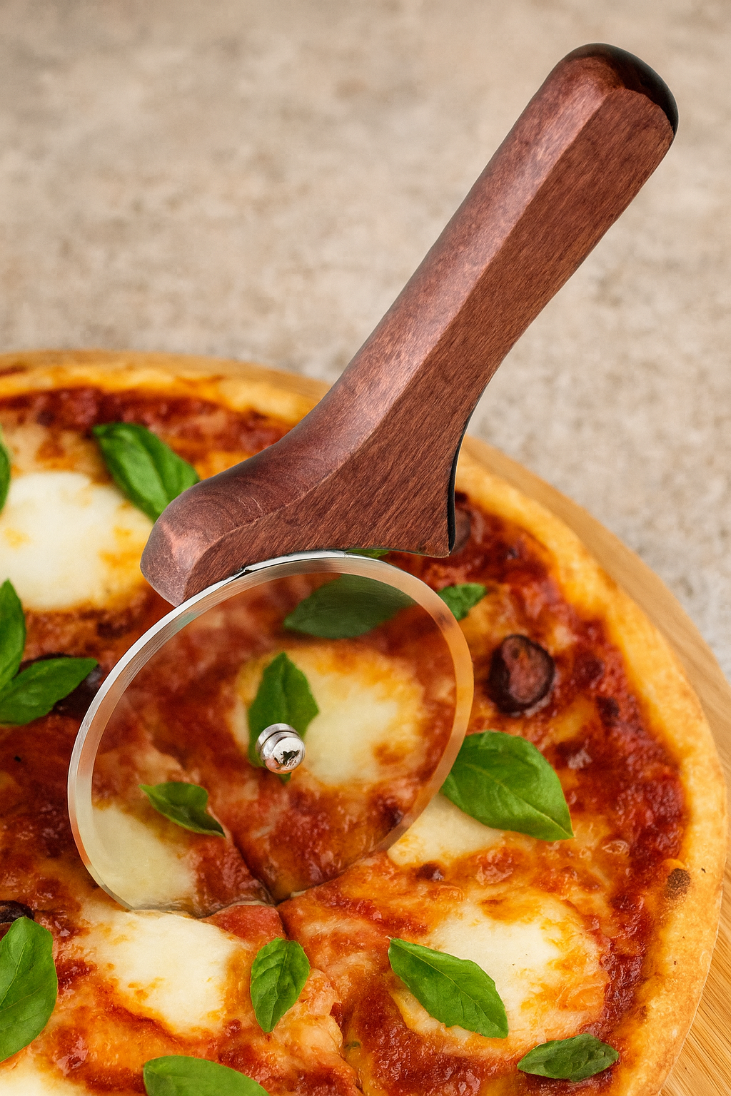 Reyo Home Paslanmaz Çelik Profesyonel Pizza/Börek Bıçağı - Ahşap Saplı