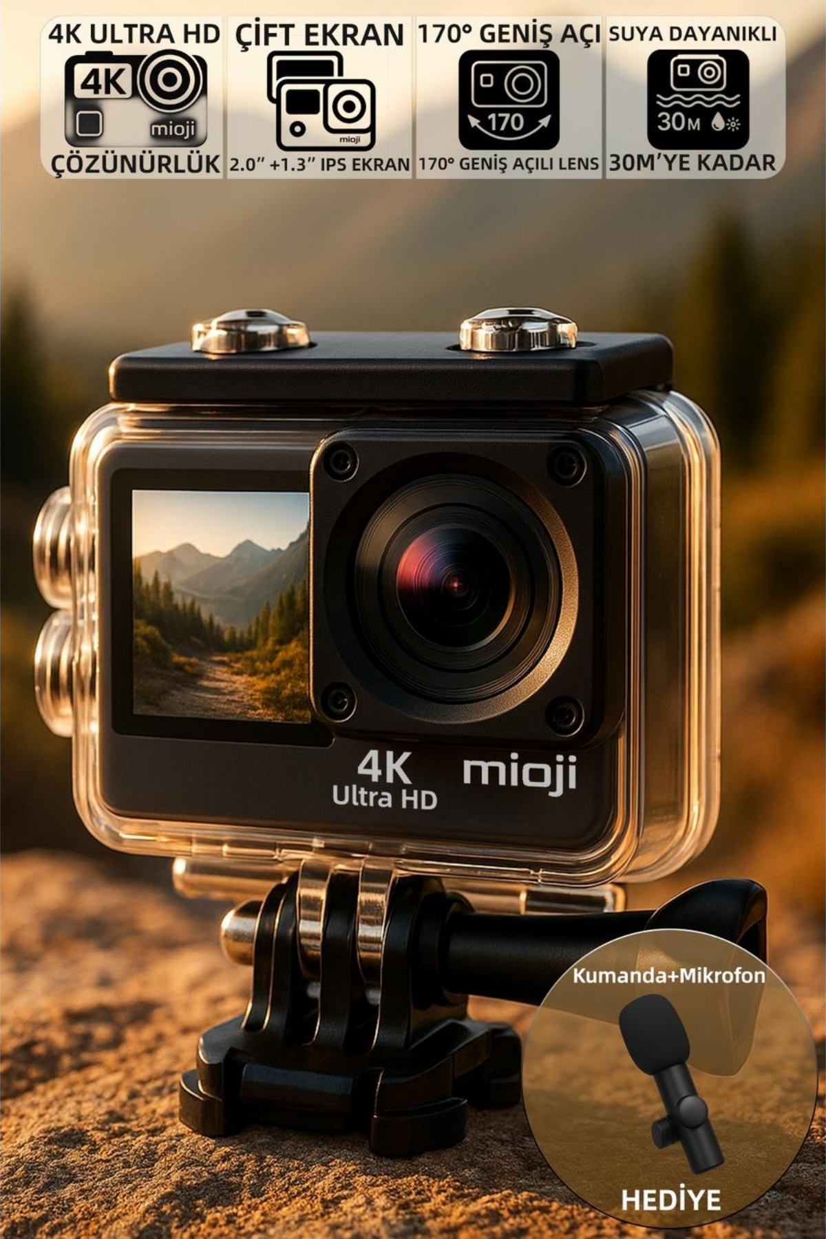 Mioji Action 12X 4K 60FPS 20MP Çift Ekran 170° Aksiyon Kamerası