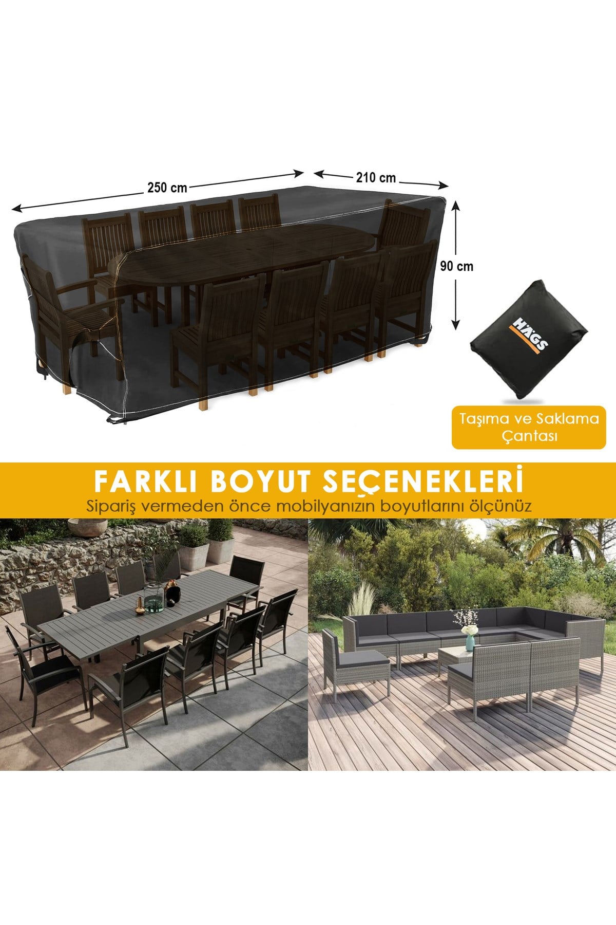 Haegs Bahçe Mobilyası Örtüsü, 250-210-90cm, Ağır Hizmet Oxford Kumaş, Su Geçirmez, Dış Mekan Veranda Masa Örtüsü, Havalandırmalı Masa ve Sandalye Koruma Kılıfı Gri