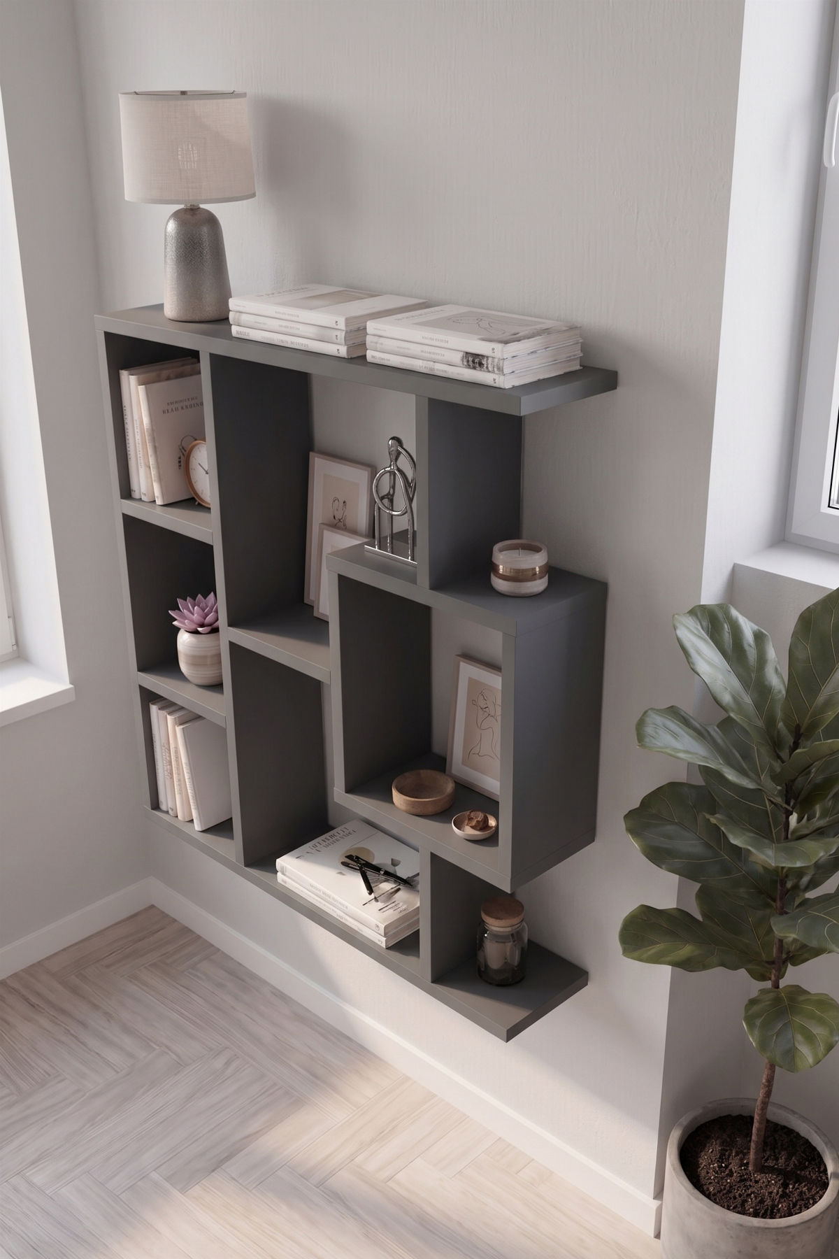Enda Home Yegane Duvar Rafı, Duvar Kitaplığı, Dekoratif Kitaplık, Modern Kitaplık, Zeminde veya Duvarda Kullanıma Uygun Antrasit