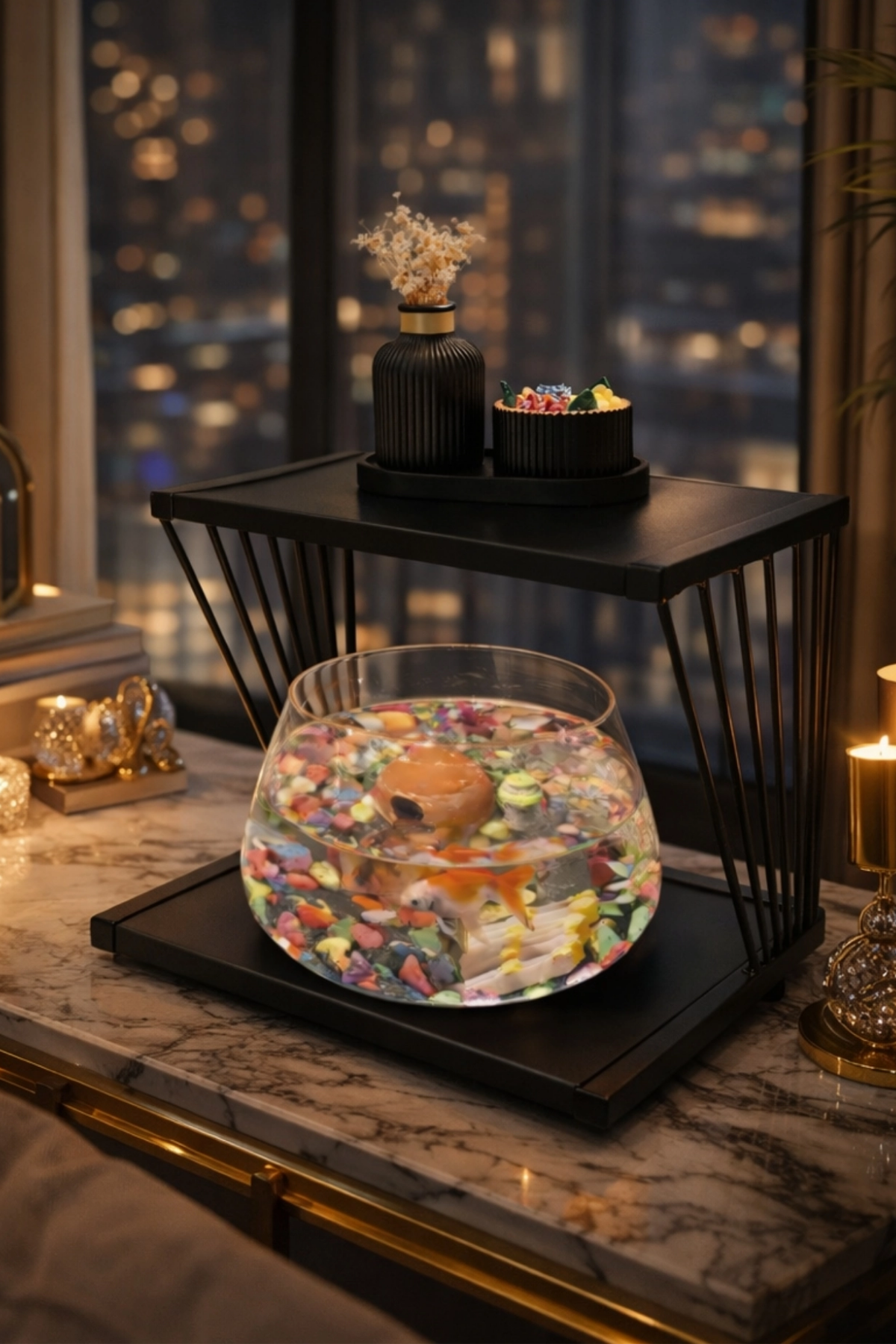 Reyo OK-AY Store Exclusive Işıklı Beta Akvaryum ve Fanus Modern Tasarım LED Aydınlatmalı Modern Temalı Fanus Siyah-Siyah