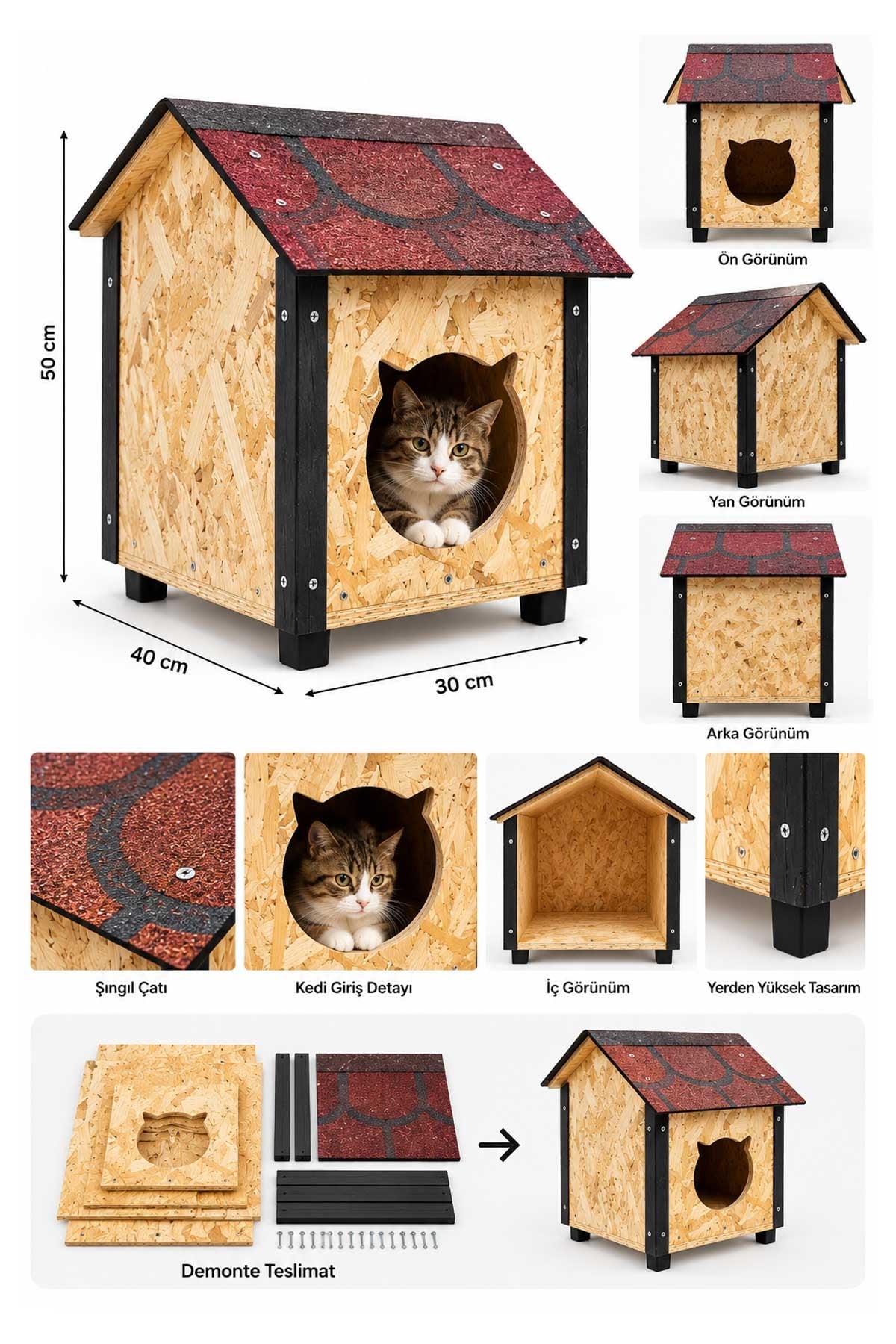 Msay Şıngıl Çatılı Kedi Kulübesi 30x40x50cm Sokak Kedileri İçin Barınak, Soğuk ve Rüzgara Dayanıklı (Demonte Teslimat)