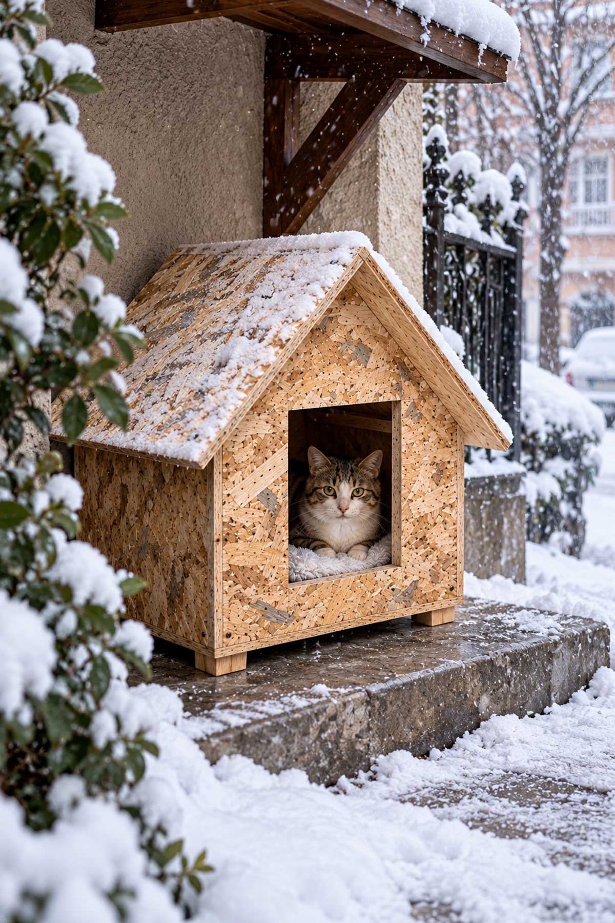 Reyo Kedi Evi, Dış Ortam Uygun Ahşap Kedi Yuvası, Kedi Barınağı Rüzgar ve Soğuğa Dayanıklı OSB Malzeme 46x34x34 cm CAT26