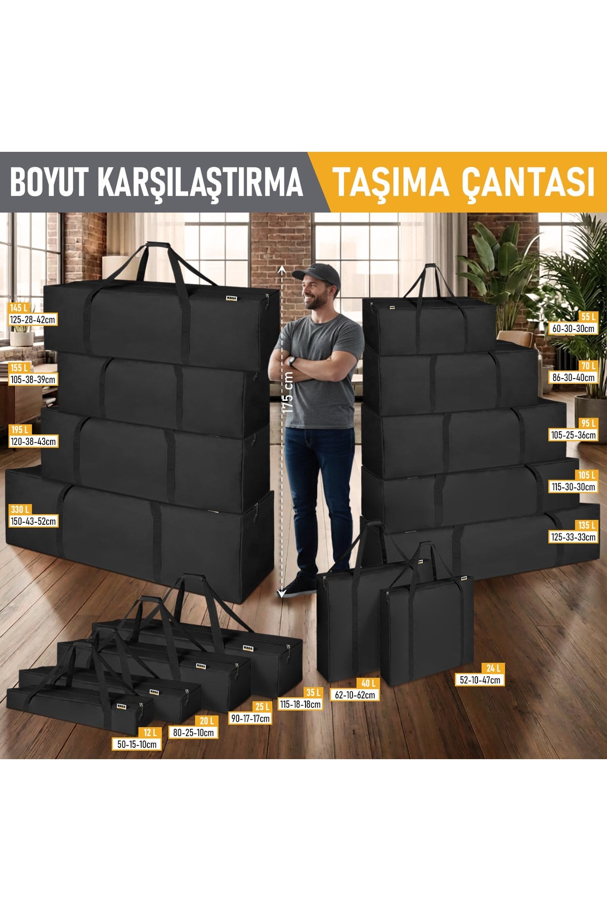 Haegs Taşıma Çantası, Fermuarlı Dayanıklı Seyahat Spor, Kamp Malzemeleri Saklama Çantası, Hurç, Valiz, 70L (60 x 30 x 30 cm) - Siyah