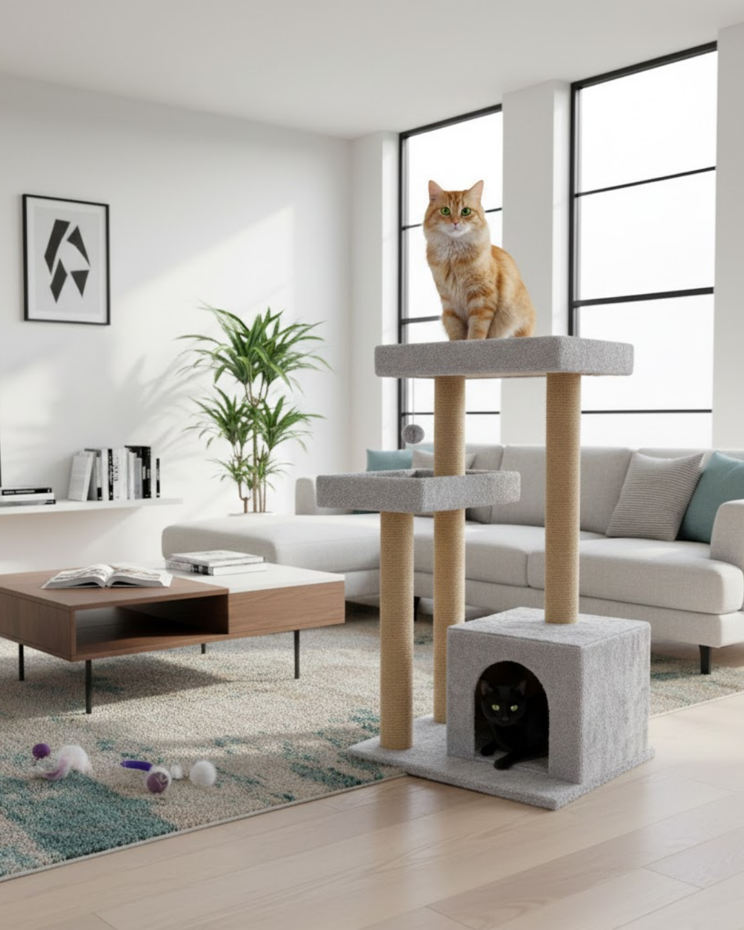 Reyo Pet Kulübeli Çift Teraslı Kedi Tırmalaması Gri