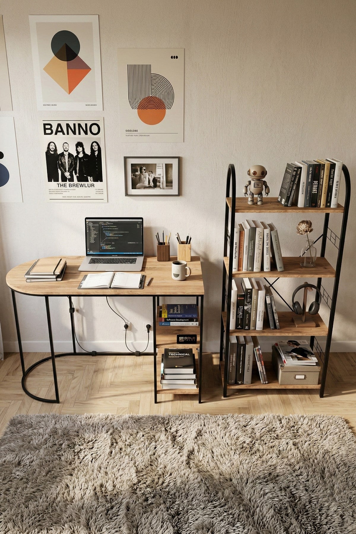 Reyo Falez Çalışma Masası ve Kitaplık Seti Metal Ayaklı,Minimalist Tasarım,Geniş Masa Alanı,Çok Raflı Atlantik Çam