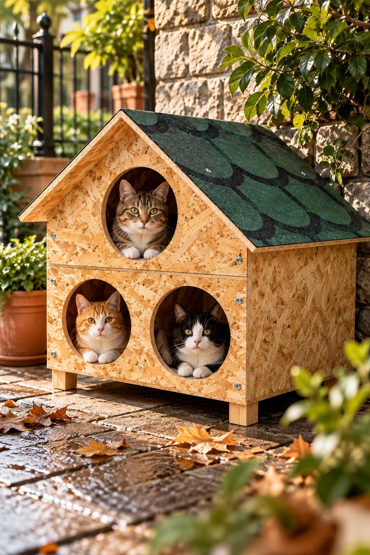 Reyo 3 Bölmeli Büyük Kedi Evi OSB Su Yalıtımlı Rüzgar ve Soğuğa Dayanıklı Ahşap Kedi Evi, Sokak Hayvanları İçin Kedi Barınağı, Kedi Yuvası 58x58x40 cm CAT28