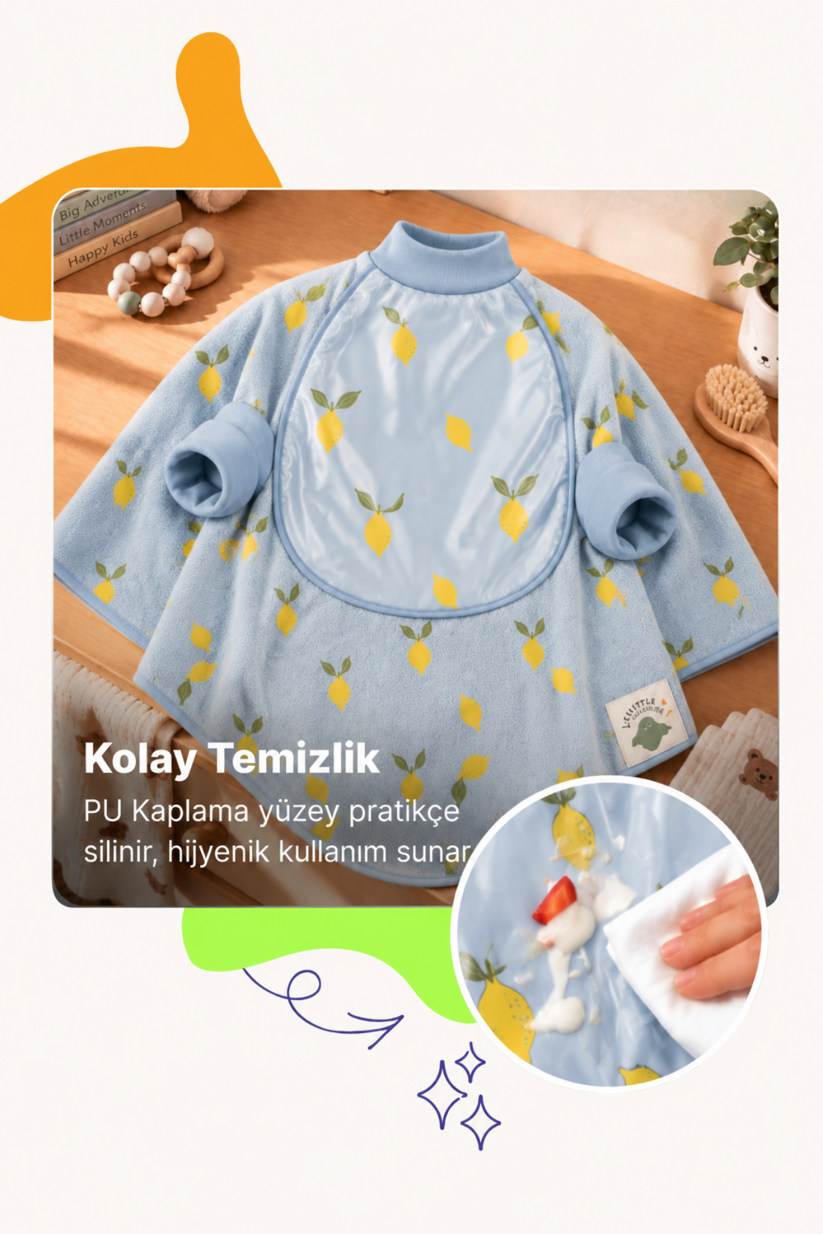 Reyo 6 Ay-6 Yaş Silinebilir, Uzun Kollu Bebek Mama Önlüğü, Çocuk Aktivite Önlüğü, Pamuklu, Sıvı Geçirmez İç Katmanlı Havlu Bebek Beslenme Önlüğü - Limon Sorbe