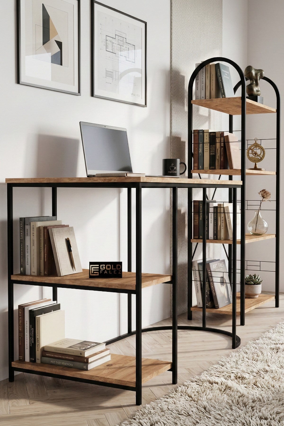 Reyo Falez Çalışma Masası ve Kitaplık Seti Metal Ayaklı,Minimalist Tasarım,Geniş Masa Alanı,Çok Raflı Atlantik Çam