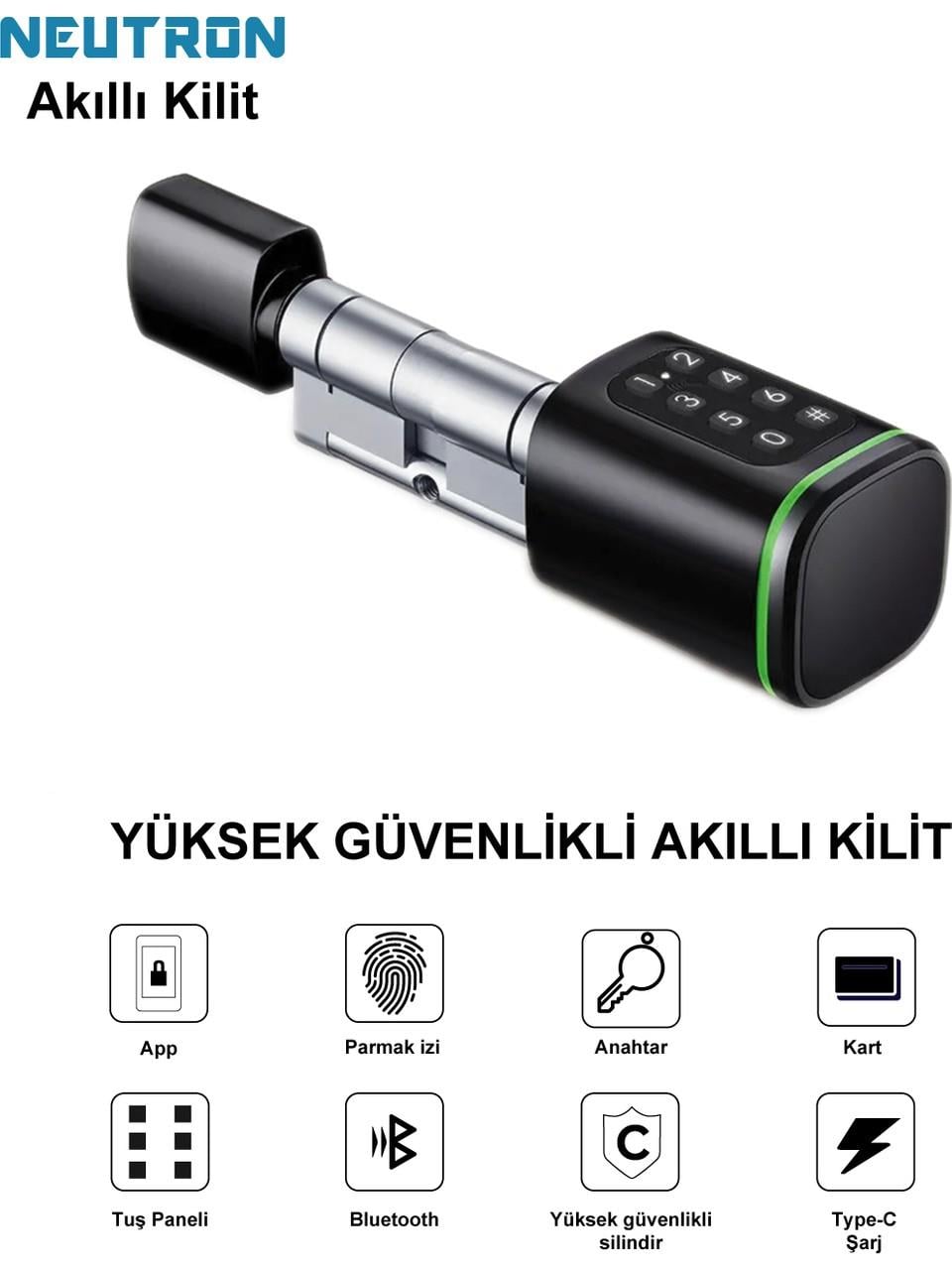 NEUTRON NTL-SC-02FKPB Parmak izi, Anahtarlı, Tuşlu, Kartlı ve Uzaktan Kontrollü Akıllı Kapı Kilidi