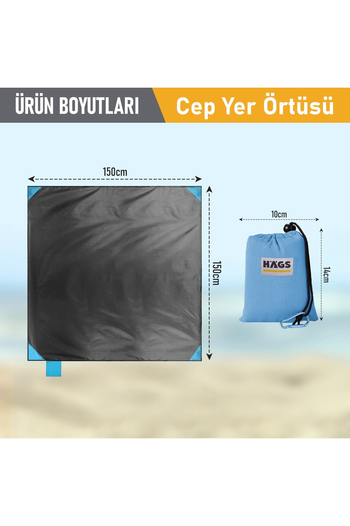 Haegs Cep Yer Örtüsü, Piknik Örtüsü Kamp Matı, Plaj Yer Örtüsü, Su Geçirmez, Kum Tutmaz, Hızlı Kurur, Hafif, Katlanabilir İnce Zemin Örtüsü Outdoor Açık Hava Kamp Yürüyüş Seyahat için - El Askılı - 150-150cm - Mavi