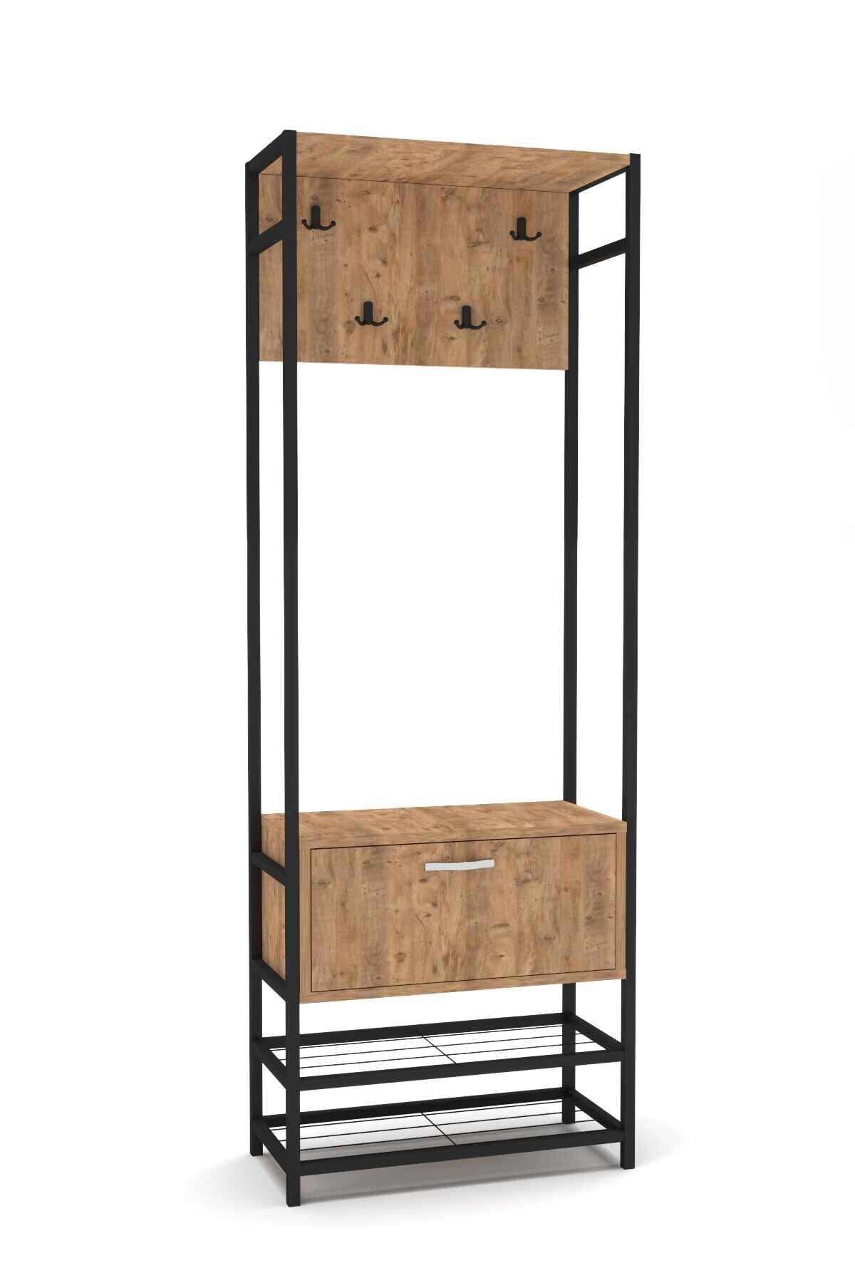 Reyo Falez Portmanto Metal Ahşap Askılık Mini Vestiyer Portmanto Ayakkabılık Çam
