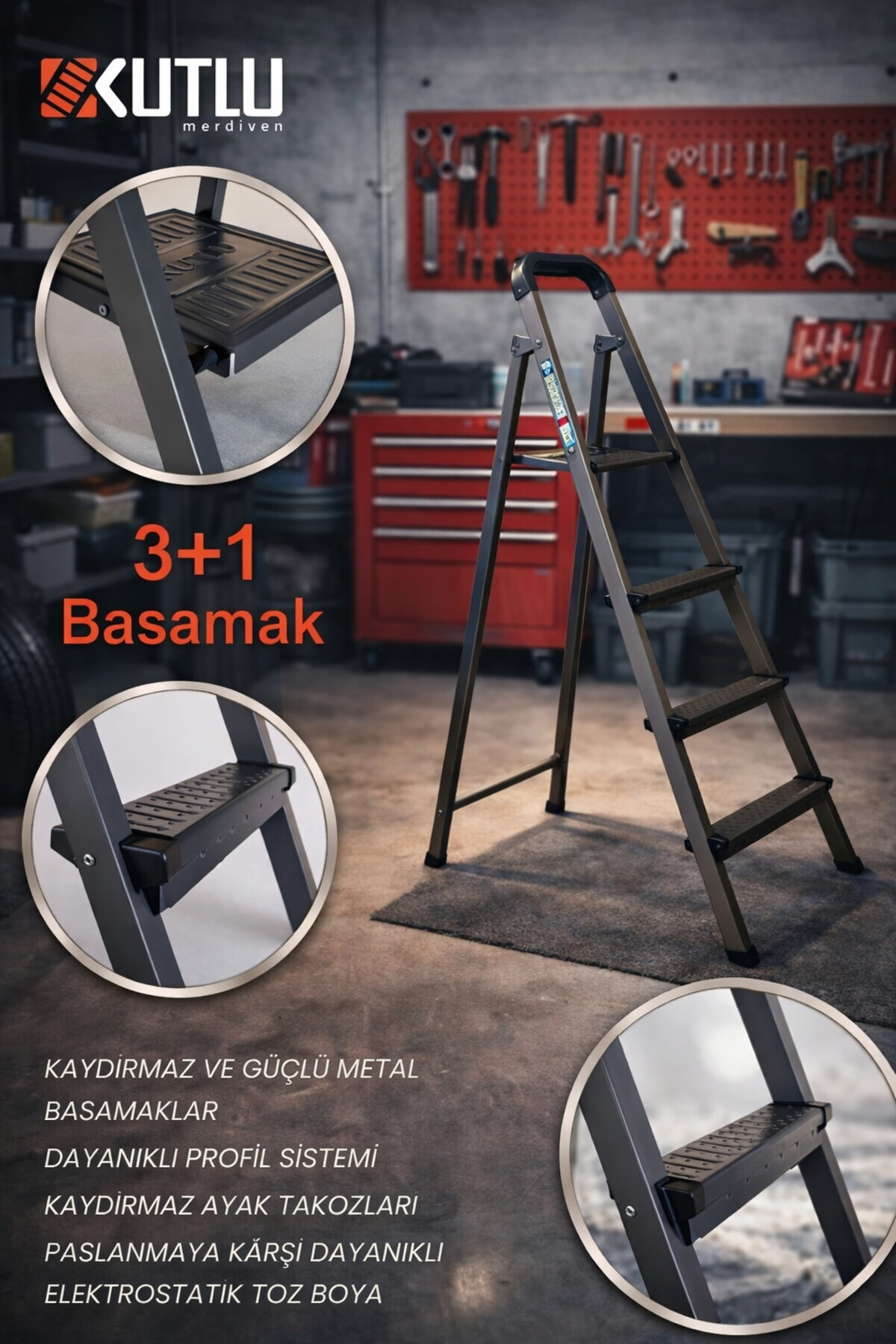 Reyo Kutlu Dayanıklı 3+1 Metal Basamaklı Katlanır Merdiven – Kaymaz Basamaklı Ev Tipi Portatif Merdiven