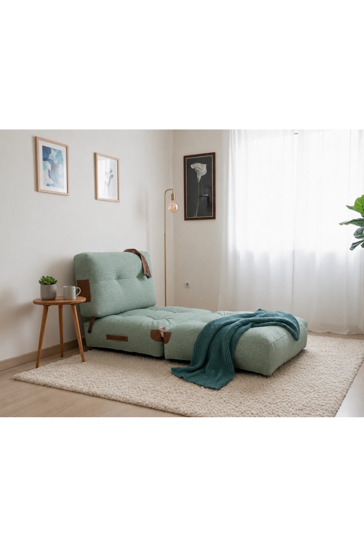 Pufymax Comfy Yeni Nesil Bohem Tekli Koltuk Yatak Olabilen Katlanır Berjer & Modüler Yer Yatağı 75x75x 85 cm Keten Yeşil