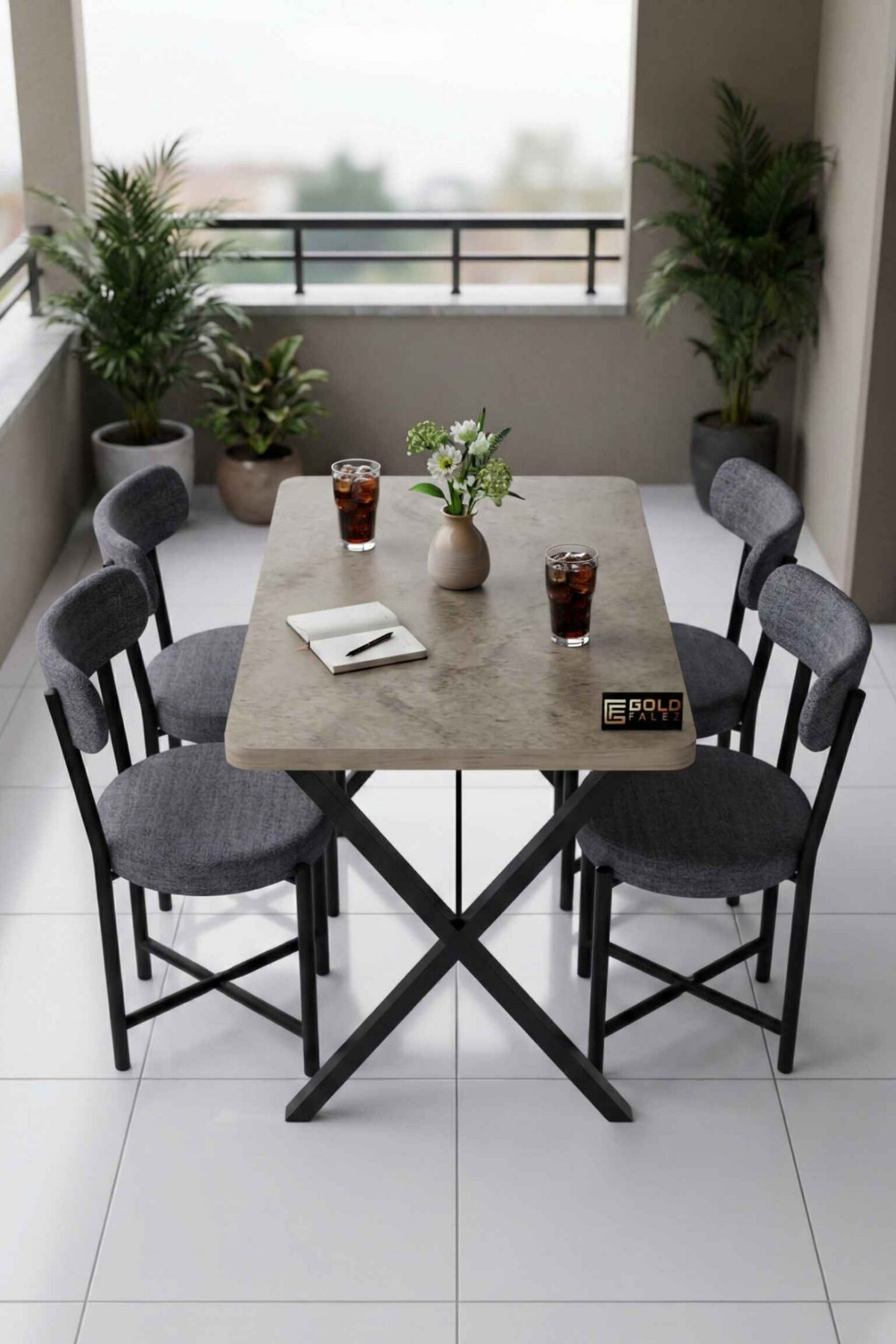 Reyo Falez Elma 110x70 cm Masa Takımı 4 Sandalyeli Modern Mutfak Balkon Kafe Yemek Masası Seti Traverten - Gri 9882
