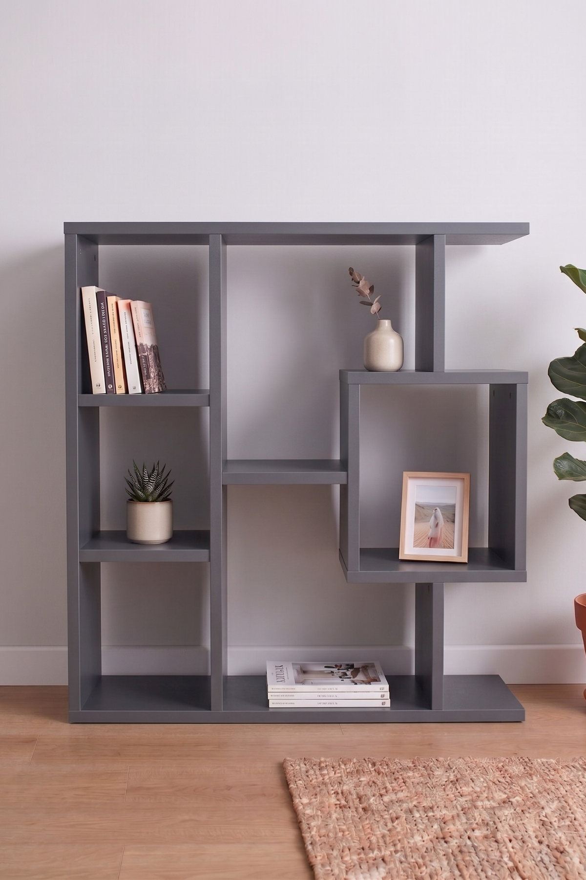 Enda Home Yegane Duvar Rafı, Duvar Kitaplığı, Dekoratif Kitaplık, Modern Kitaplık, Zeminde veya Duvarda Kullanıma Uygun Antrasit