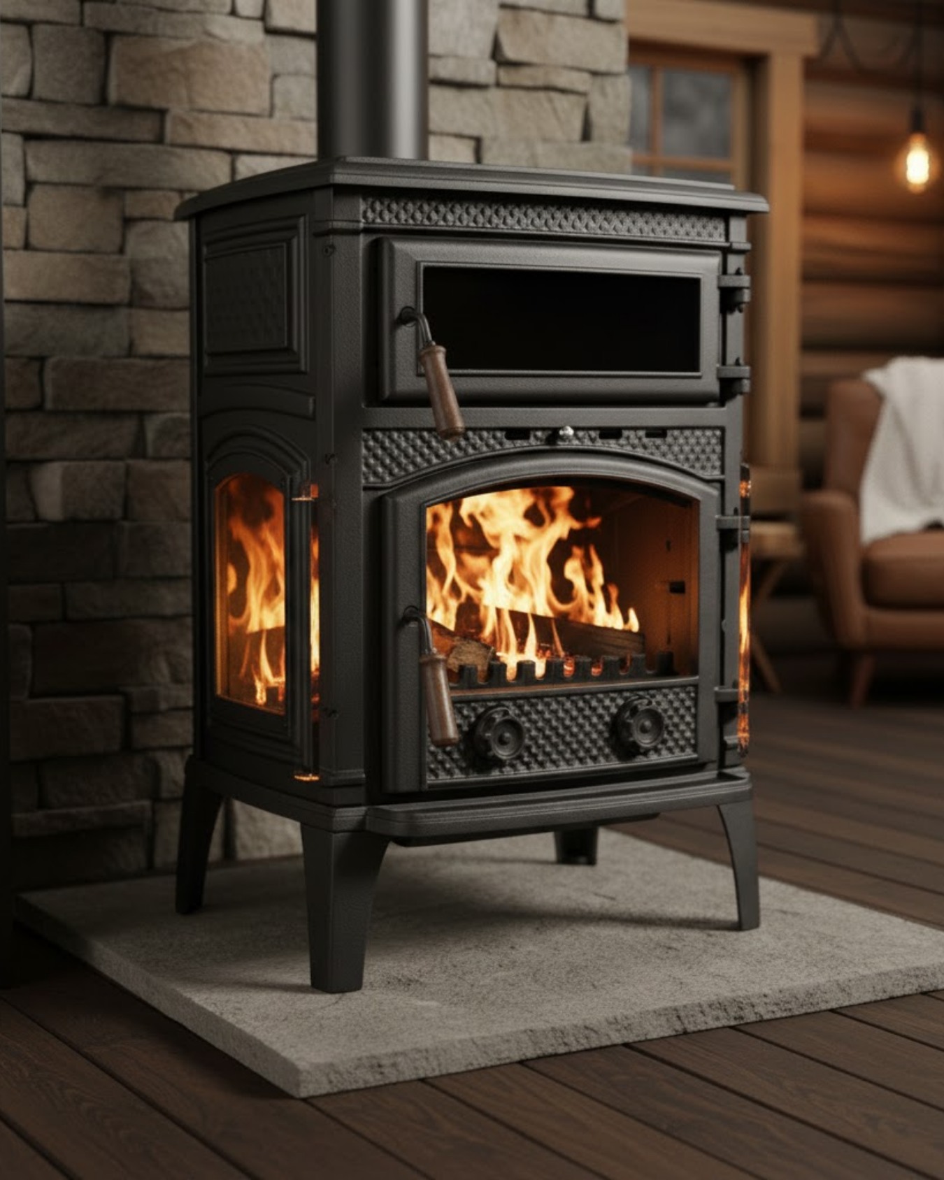  Reyo Stove Kemah  Üç Camlı Yan Kapak Fırınlı Döküm Şömine Soba