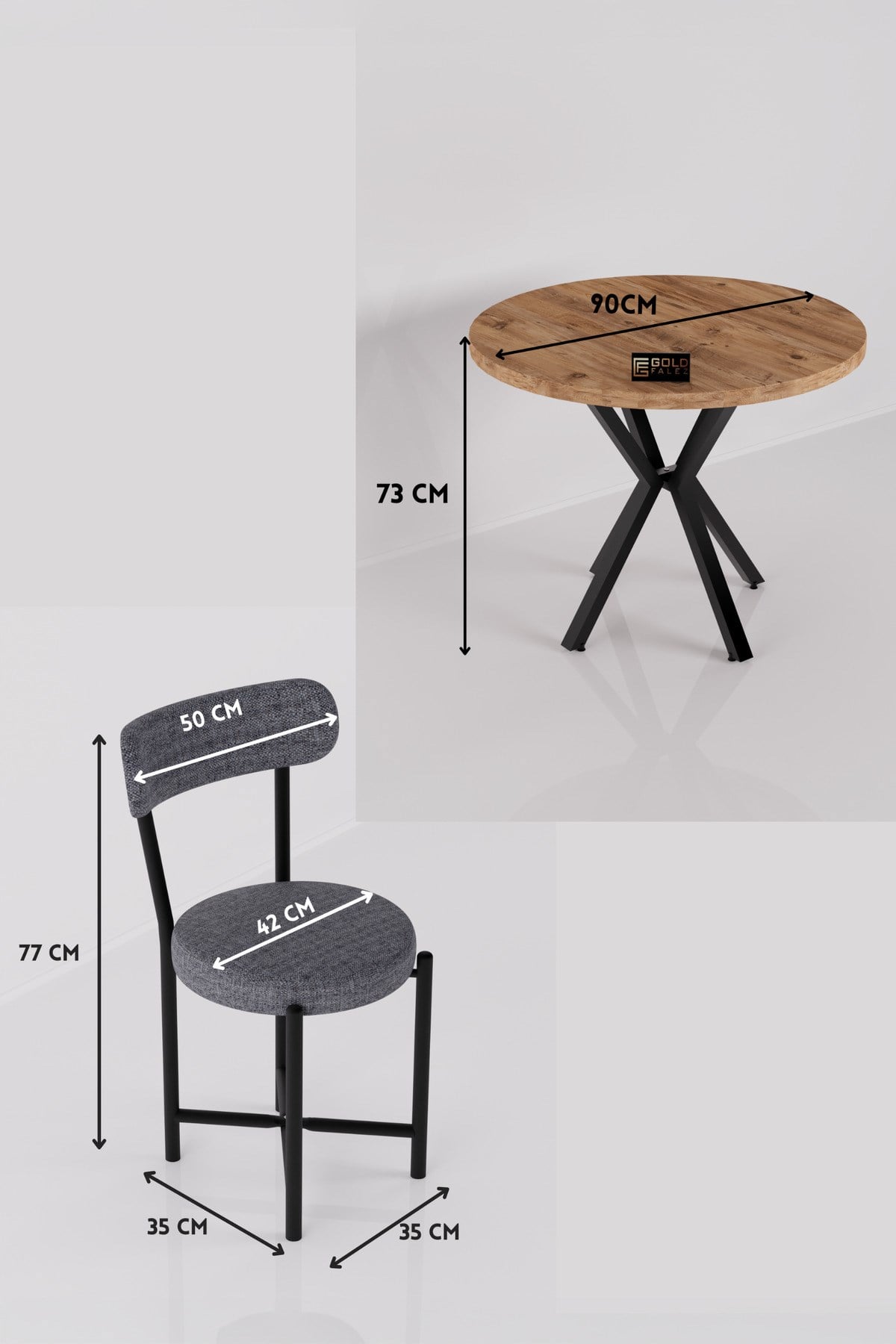 Reyo Falez Teddy 90 cm Yuvarlak Masa Takımı 4 Sandalyeli Modern Mutfak Balkon Kafe Yemek Masası Seti Atlantik Çam Gri 9860
