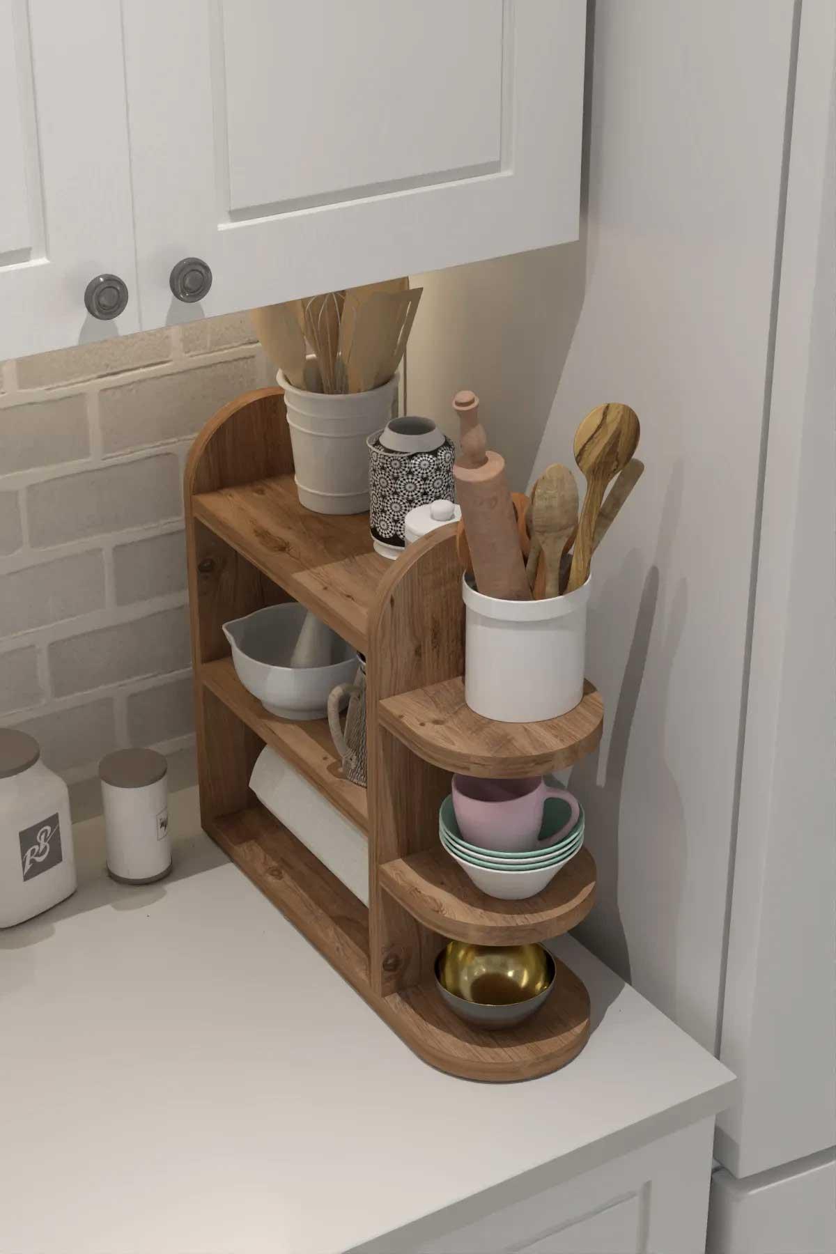 Reyo Home Modern Peçetelikli Baharatlık Mutfak Rafı Atlantik Çam