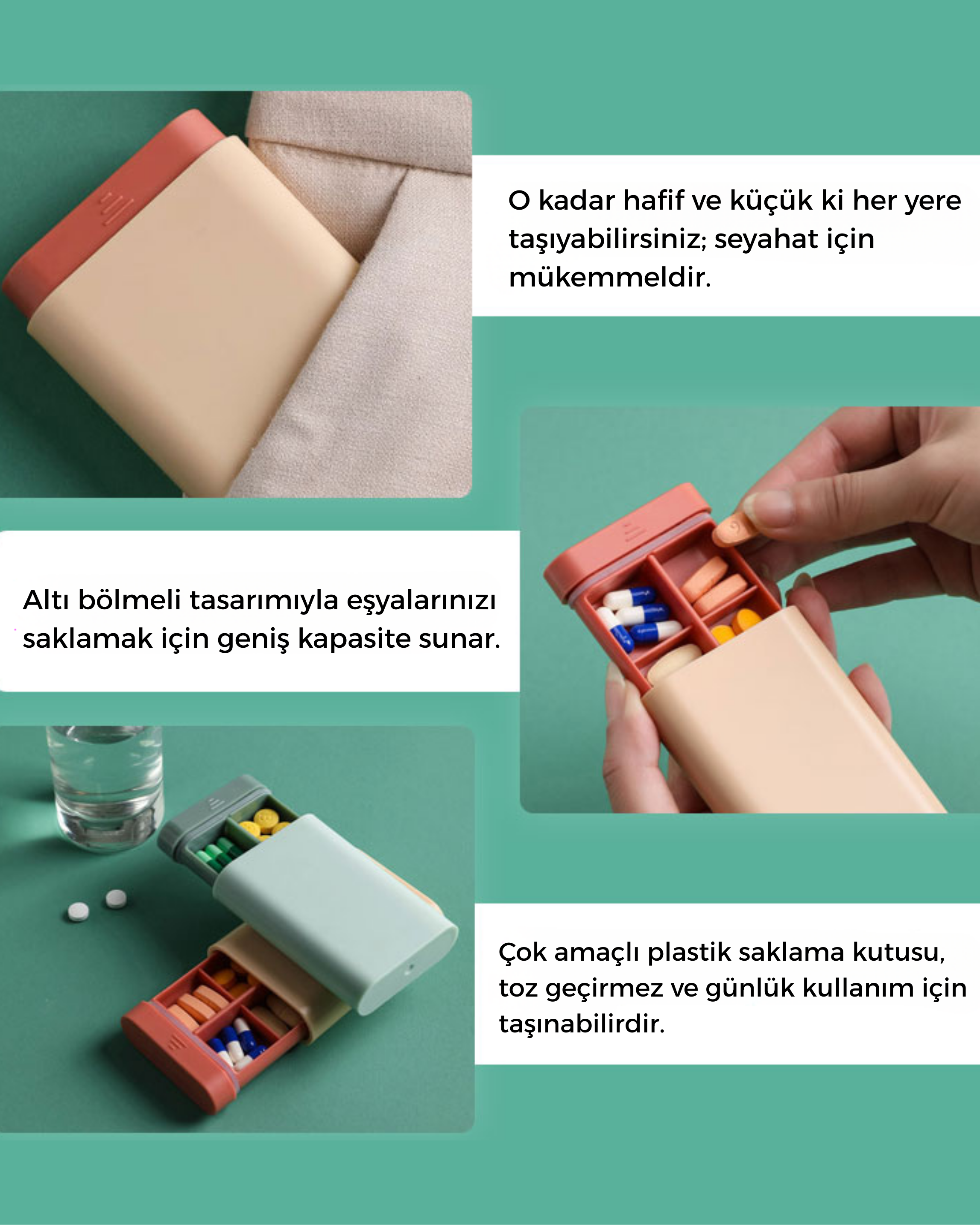 Reyo Mini Taşınabilir 7 Günlük 6 Bölmeli İlaç, Vitamin Saklama Kutusu - Bej
