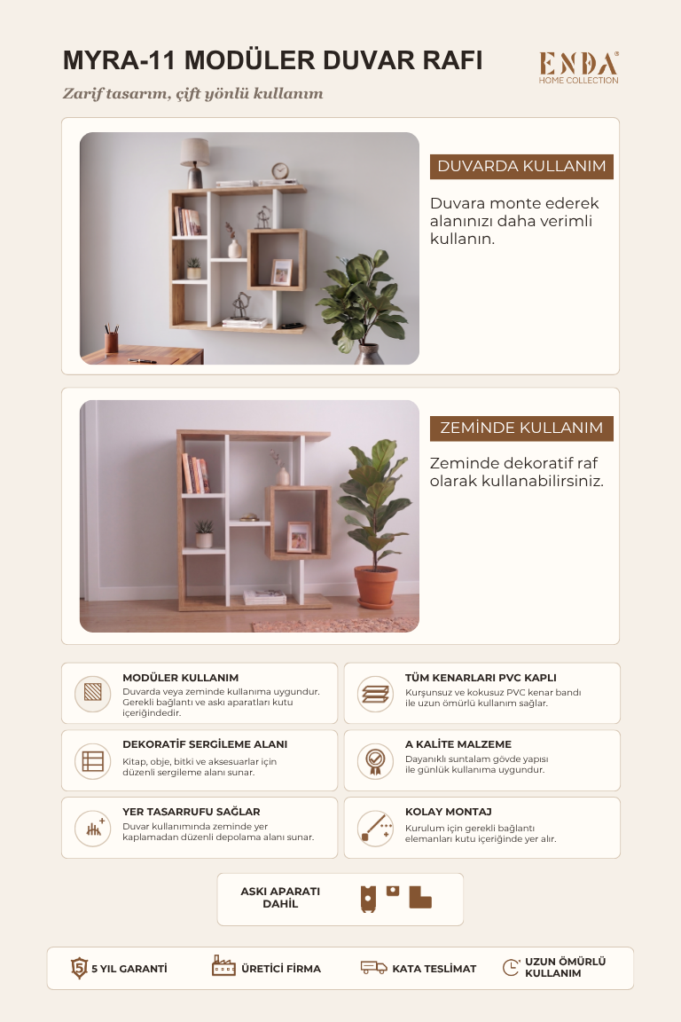 Enda Home Yegane Duvar Rafı, Duvar Kitaplığı, Dekoratif Kitaplık, Modern Kitaplık, Zeminde veya Duvarda Kullanıma Uygun Beyaz - Çam