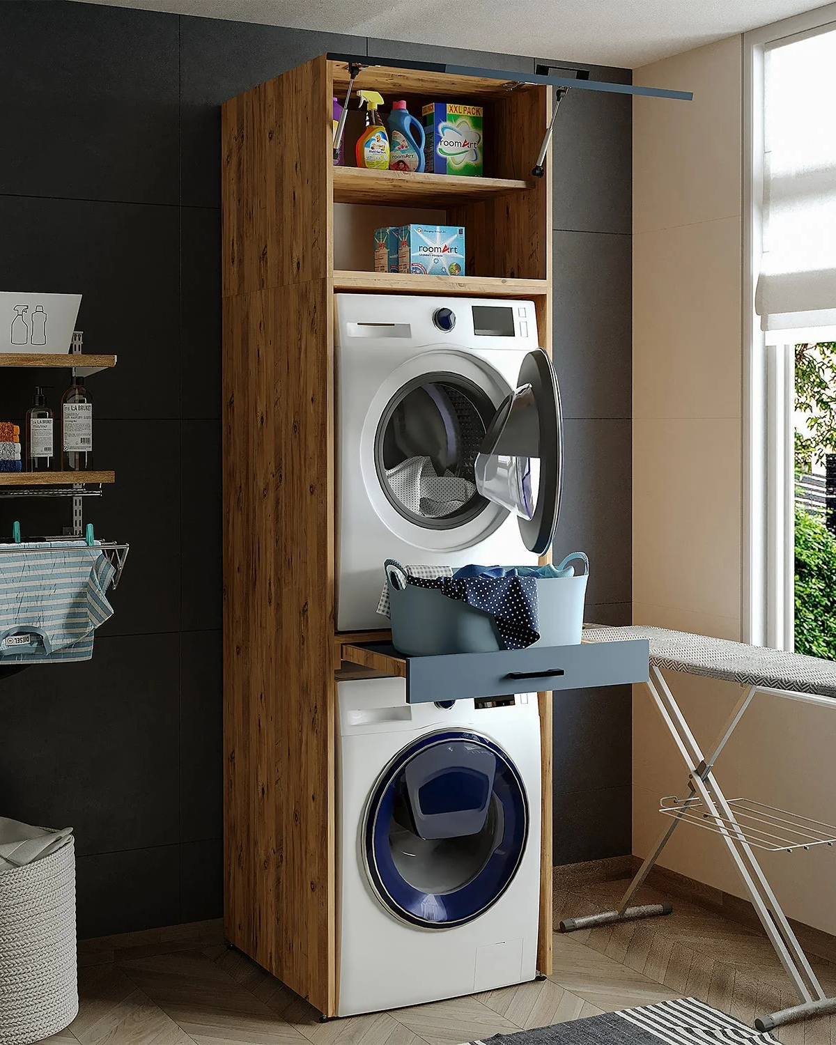Roomart Çamaşır Ve Kurutma Makinesi Dolabı+üst Dolabı 67x240 Cm Atlantik Çam - Antrasit