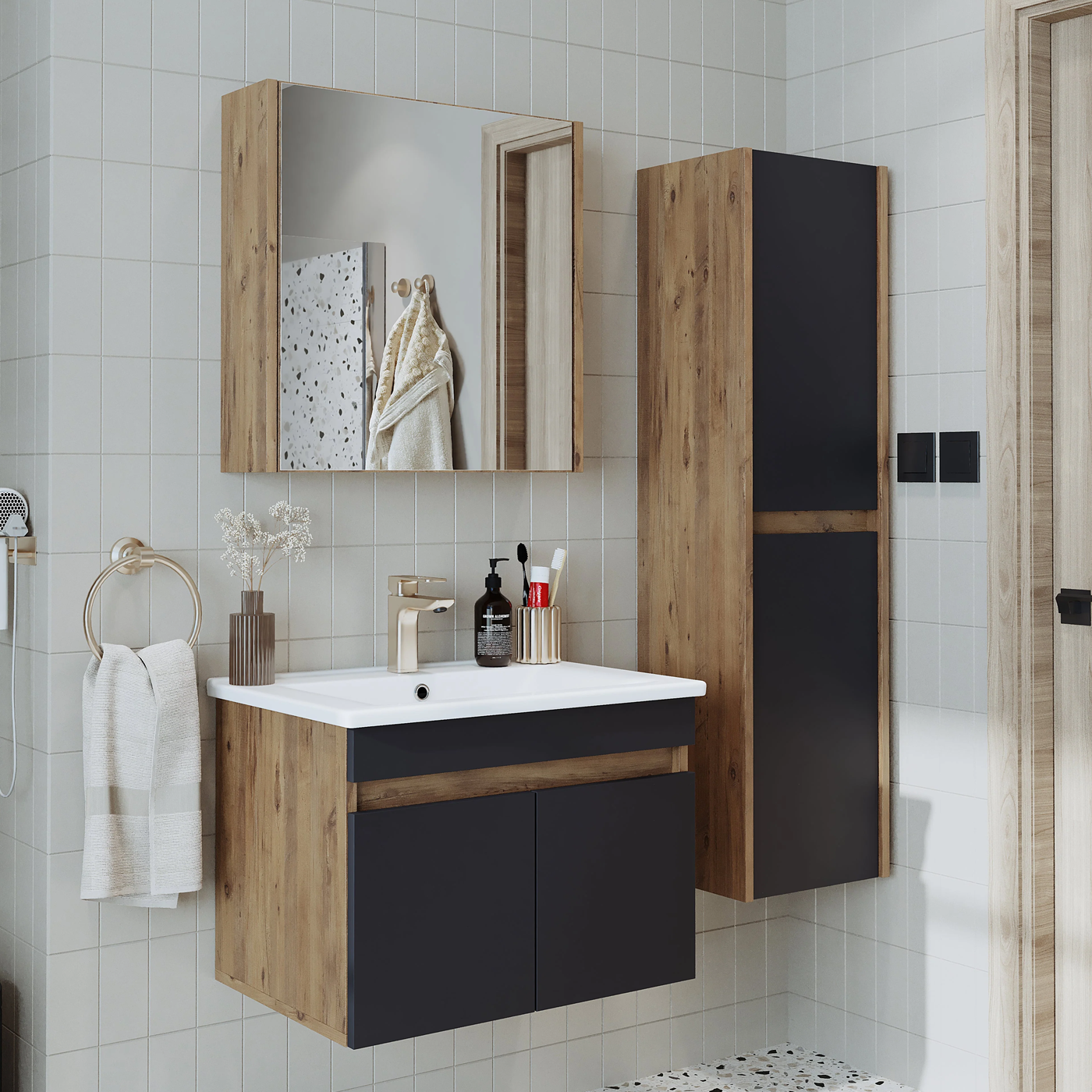 Roomart Lavabolu Atlantik - Antrasit Mat Mdf 65 cm Alt Dolap + Aynalı Üst Dolap + Boy Dolap