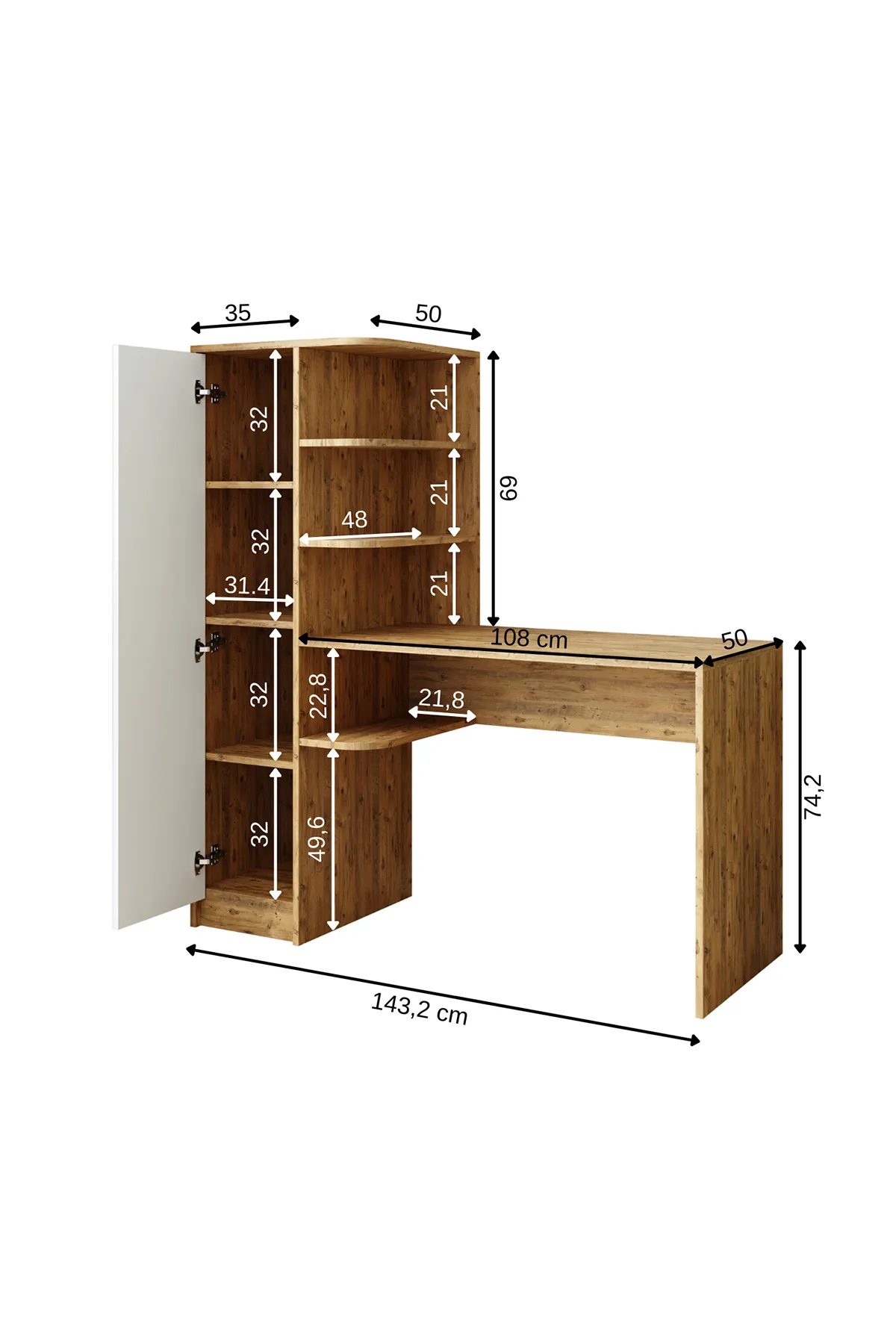 Roomart Roma Raflı Çalışma Masası, Çalışma Ofis Masası Sol Dolaplı Atlantik Çam
