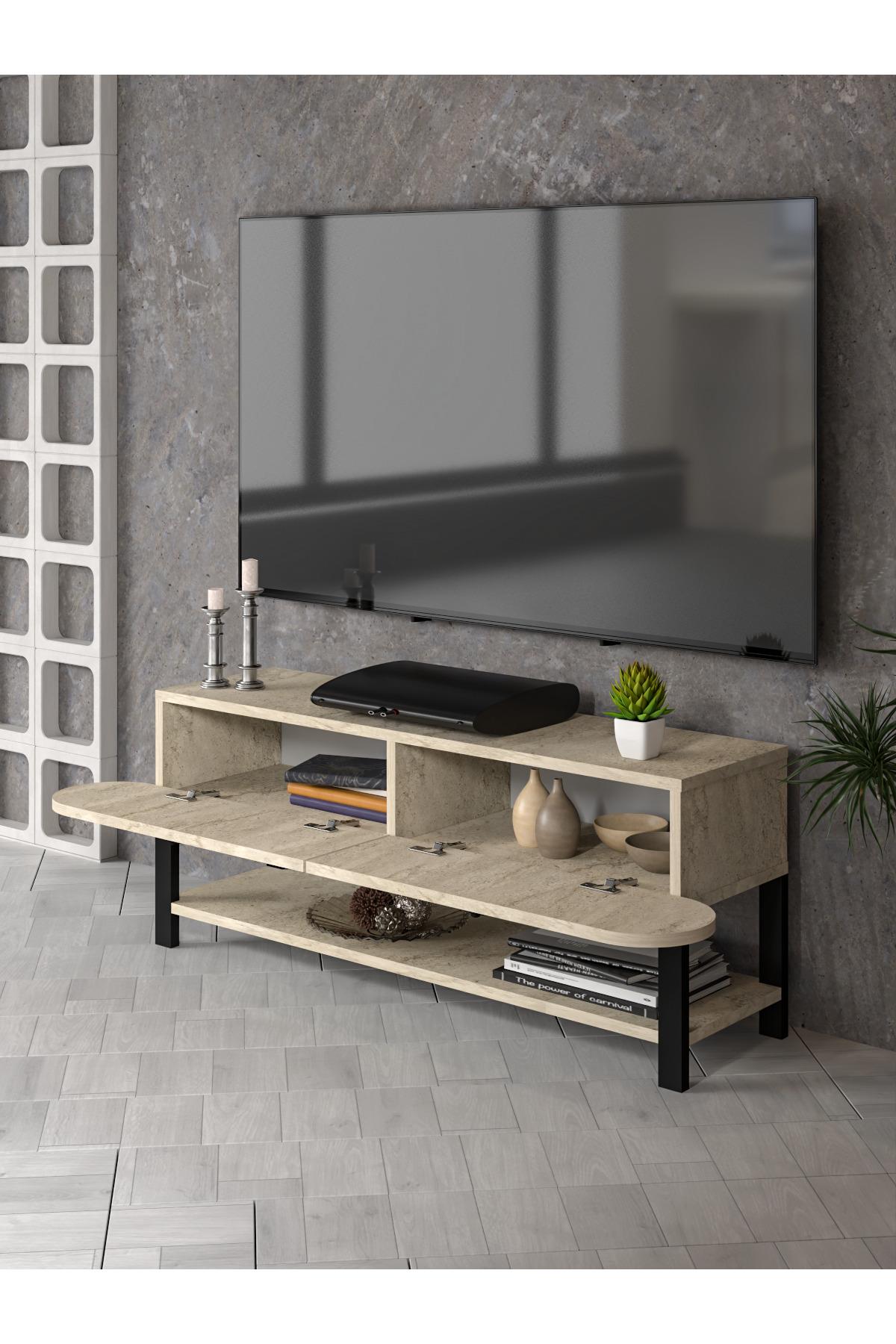 GoldFalez Tv Sehpası Tv Ünitesi Kapaklı Raflı Setro Traverten