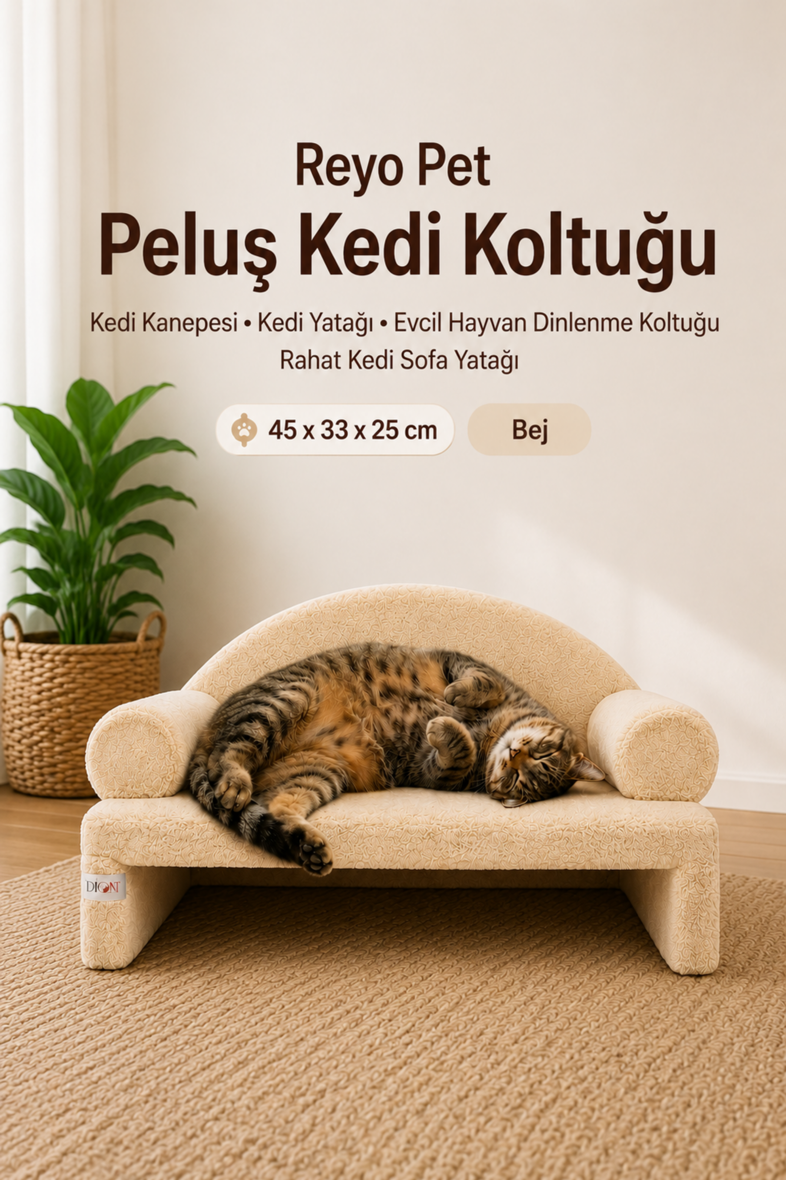 Reyo Pet Peluş Kedi Koltuğu, Kedi Kanepesi, Kedi Yatağı, Evcil Hayvan Dinlenme Koltuğu, Rahat Kedi Sofa Yatağı, , 45x33x25 cm Bej