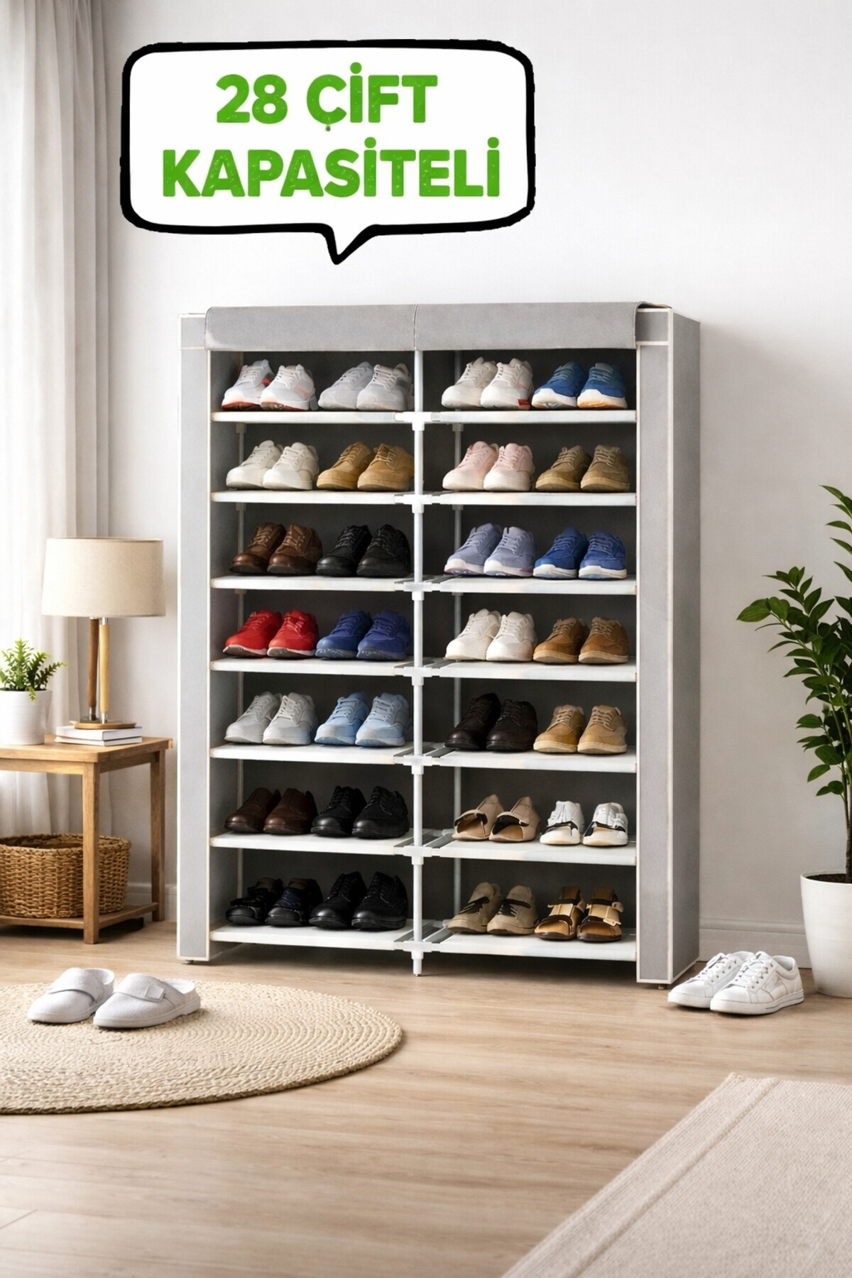 Reyo Teknor 2 Bölmeli Metal Profilli Bez Dolap ve Ayakkabılık Gri – Raflı Portatif Kumaş Gardırop, Çok Amaçlı Saklama ve Düzenleme Dolabı