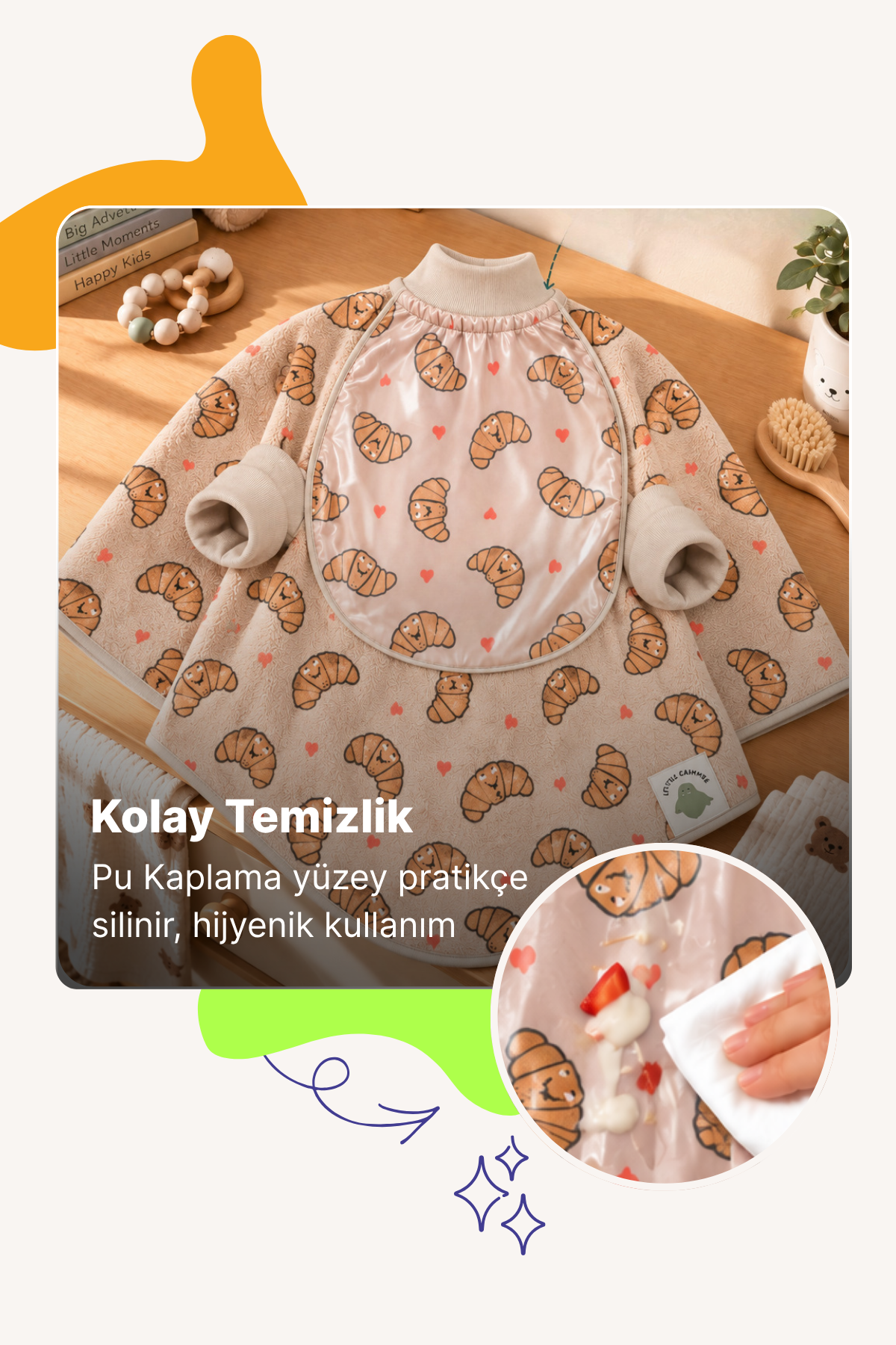 Reyo 6 Ay-6 Yaş Silinebilir Uzun Kollu Bebek Mama Önlüğü, Çocuk Aktivite Önlüğü, Pamuklu, Sıvı Geçirmez İç Katmanlı Havlu Bebek Beslenme Önlüğü - Kruvasan