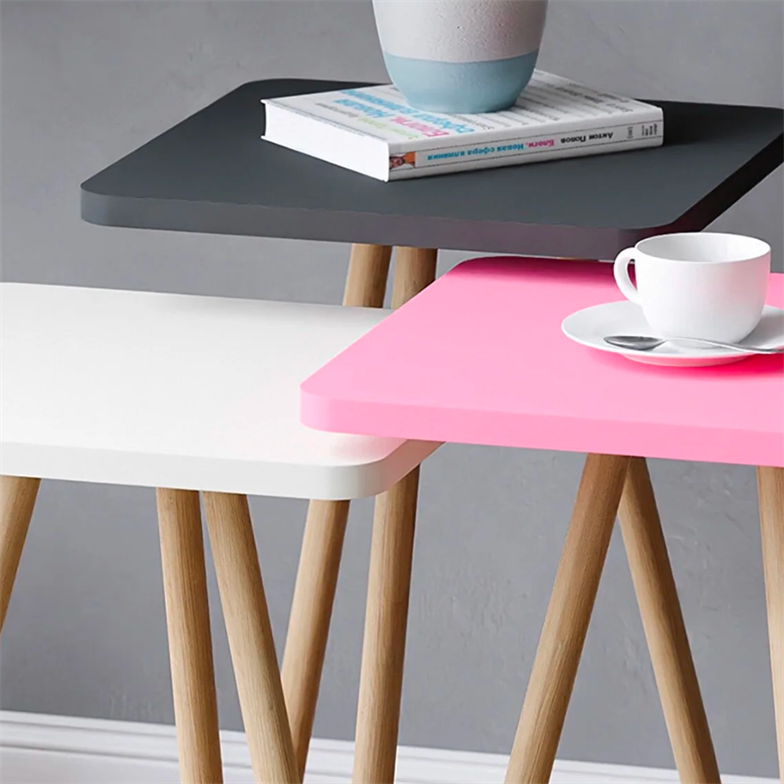 interGO Renkli Üçlü Zigon Sehpa Ahşap Ayaklı Kare Tasarım Pastel Renkler Pembe,Beyaz,Gri