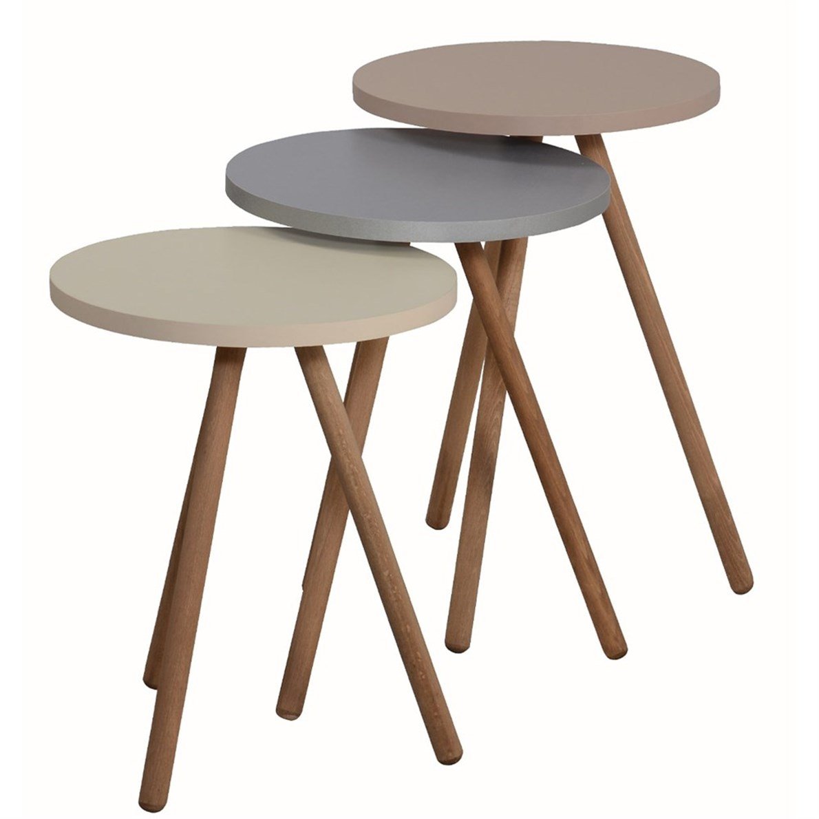 interGO Renkli Üçlü Zigon Sehpa Ahşap Ayaklı Özel Yuvarlak Pastel Tasarım Gri,Krem,Cappuccino