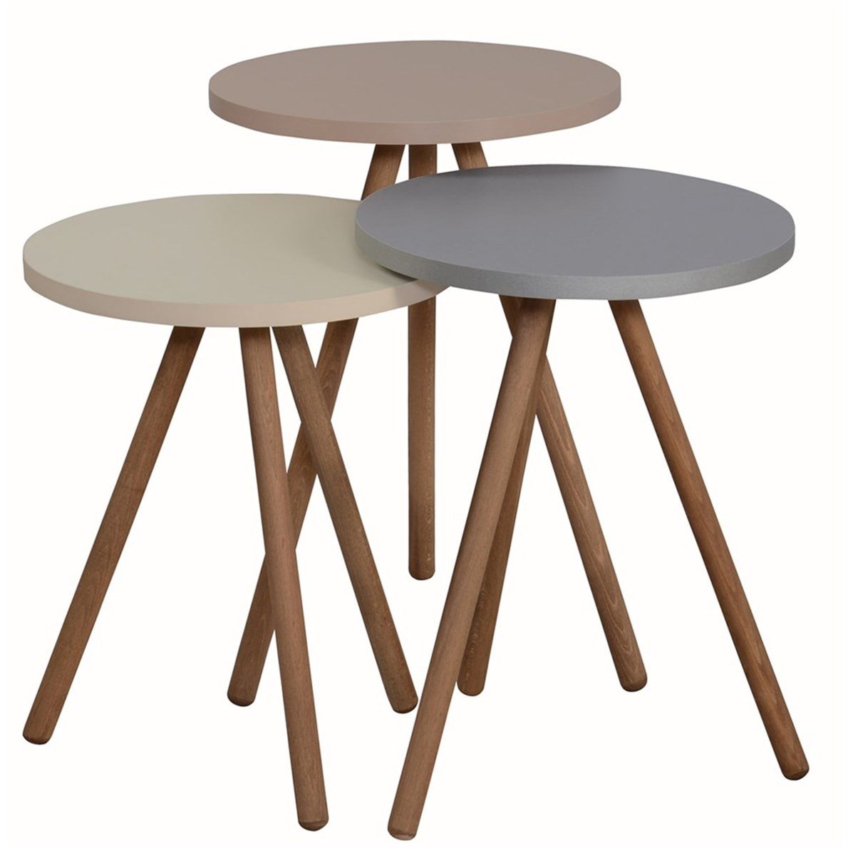 interGO Renkli Üçlü Zigon Sehpa Ahşap Ayaklı Özel Yuvarlak Pastel Tasarım Gri,Krem,Cappuccino