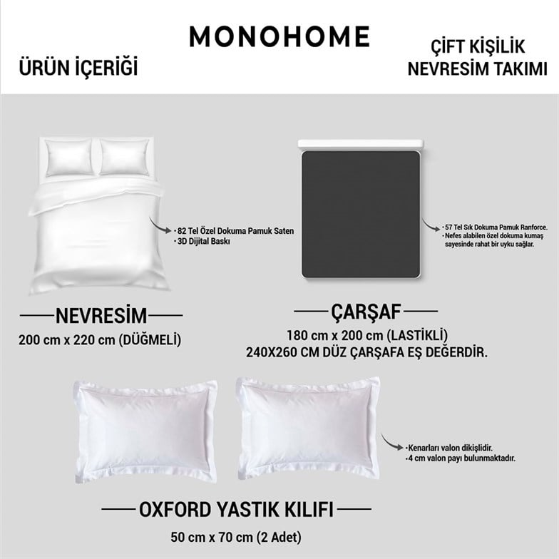 Monohome Premium Luxury Çift Kişilik Nevresim Takımı 3D Pamuk Saten Wood Brown
