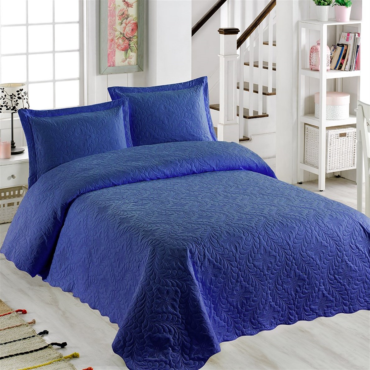 Örtüm Ivy Lacivert Çift Kişilik Microfiber Kapitone Yatak Örtüsü D-YÖÇK06