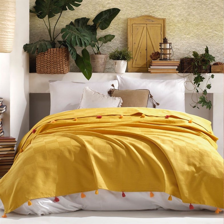 Reyo Home %100 Pamuk Püsküllü Pike Ve Yatak Örtüsü 220x240 Sarı