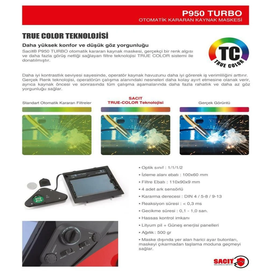Sacit P950 Turbo Otomatik Kararan Kaynak Maskesi  True Color